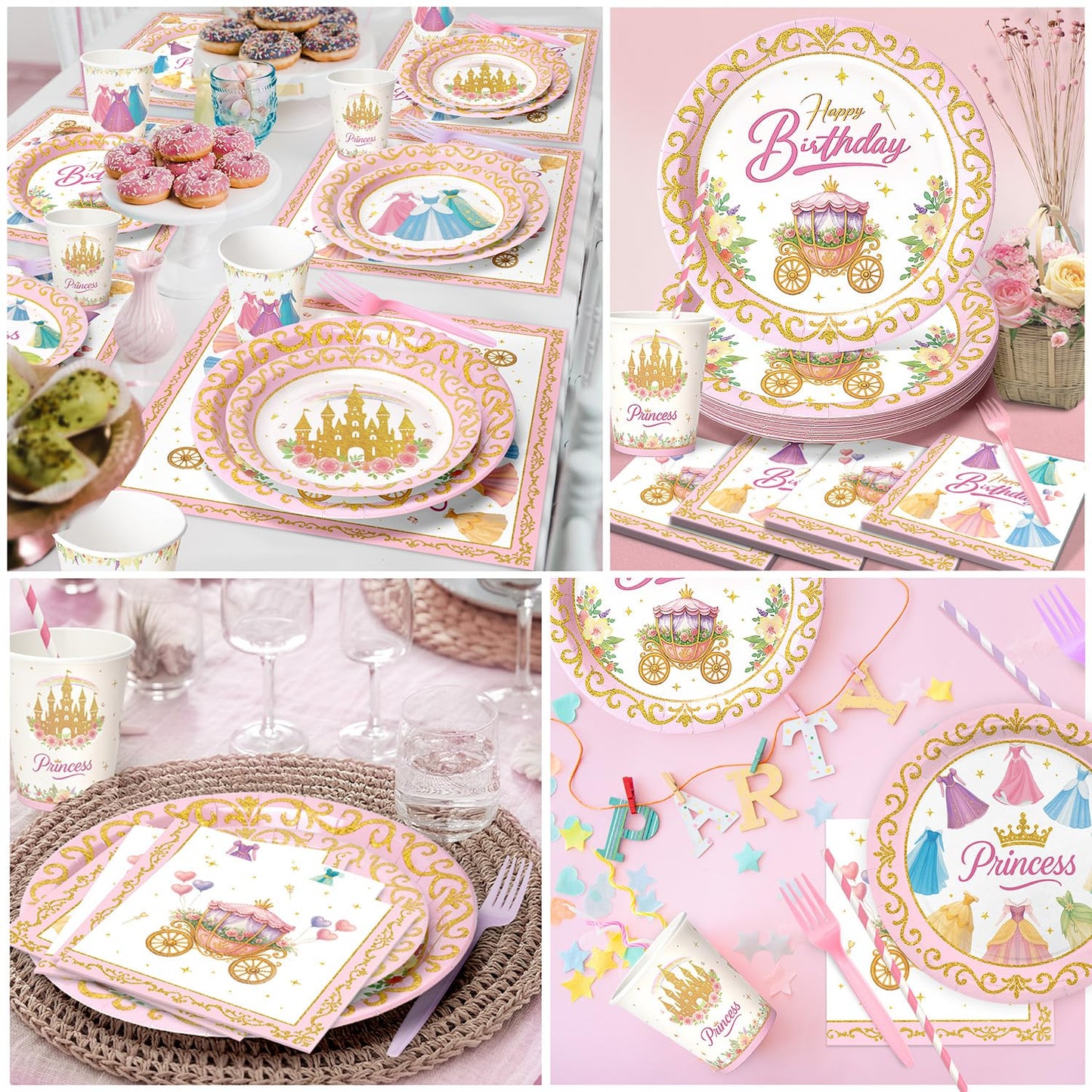 Vistico Princess Party Tableware Set – 144 Pcs for 24 Guests (Plates, Cups, Forks, Straws, Napkins)