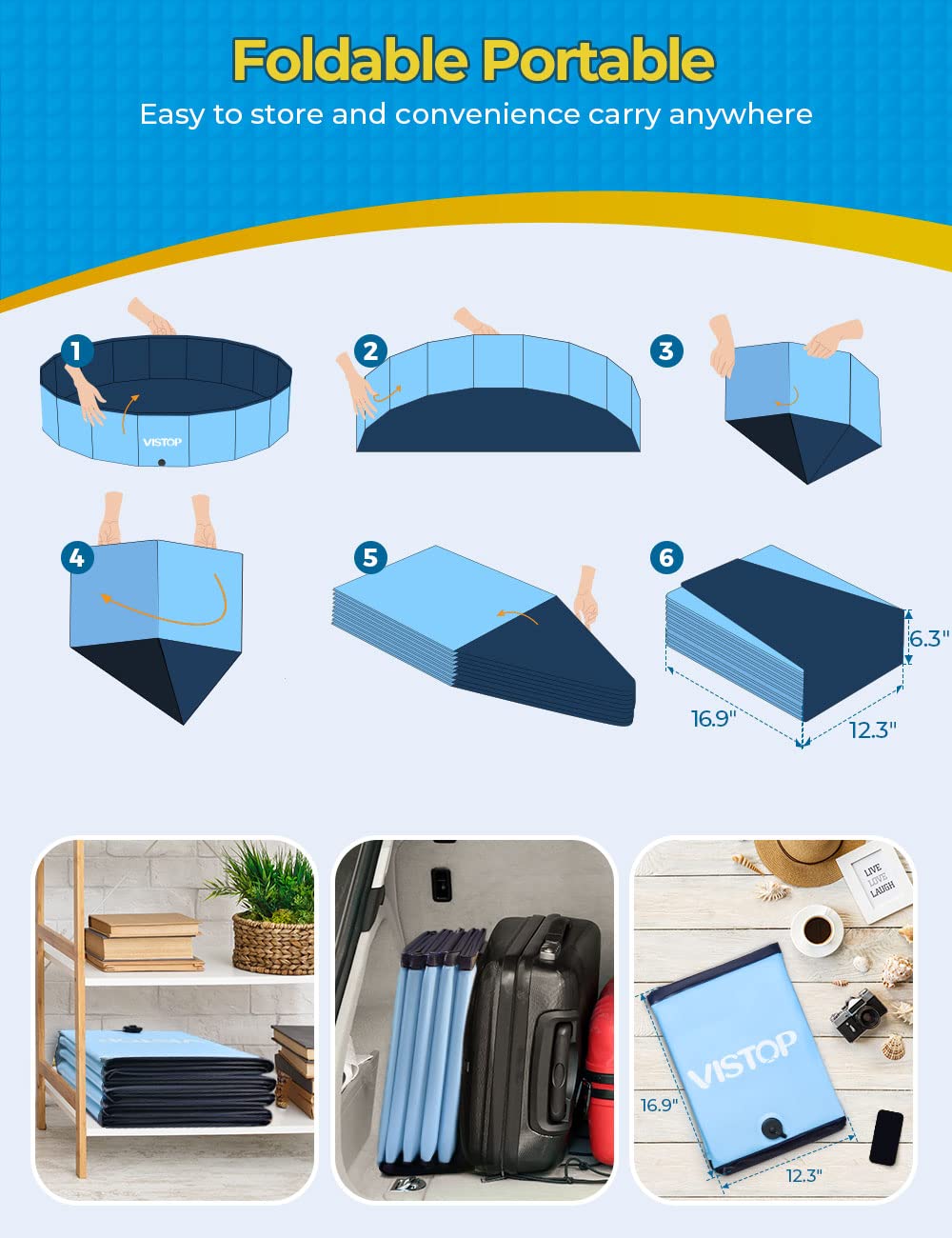 VISTOP Jumbo Foldable Dog Pool – 77in, Hard Shell, Portable Bathing Tub