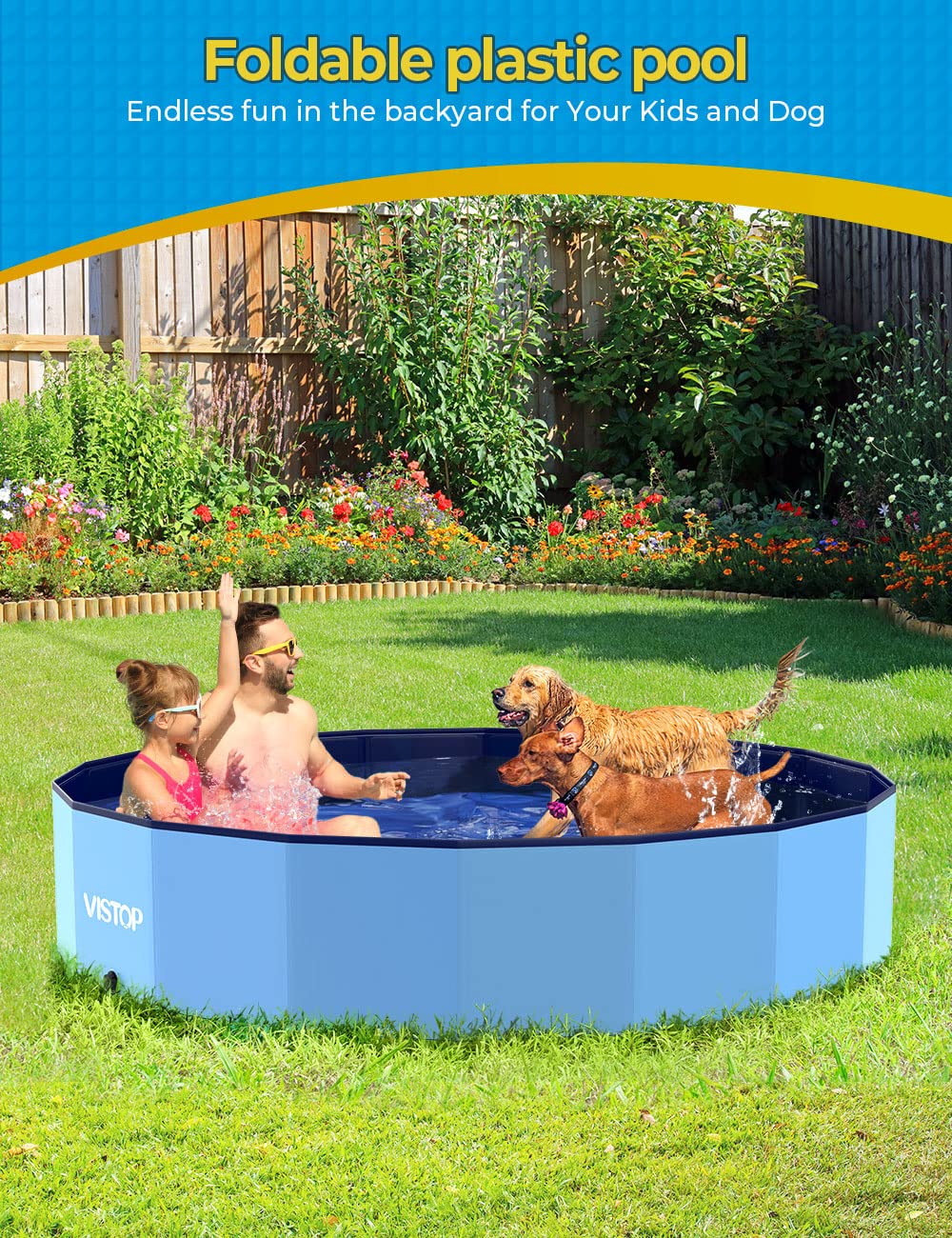 VISTOP Jumbo Foldable Dog Pool – 77in, Hard Shell, Portable Bathing Tub