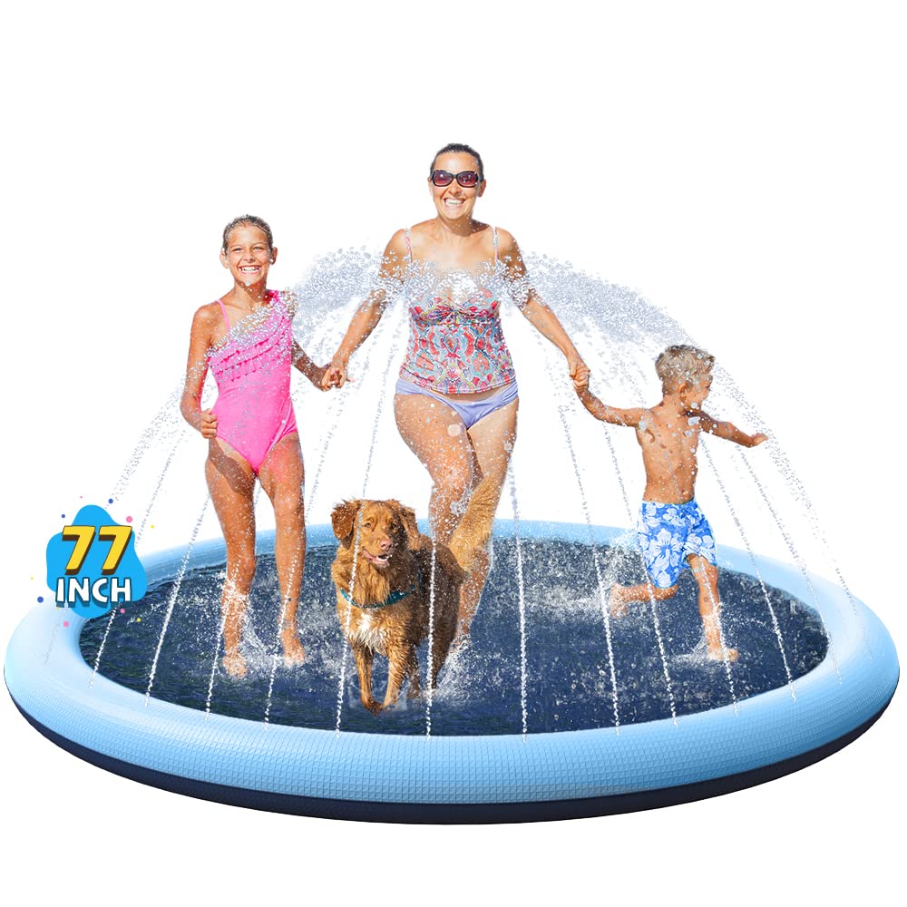 VISTOP Non-Slip Splash Pad 77in for Kids & Dogs – Durable Outdoor Water Play Mat (Blue)