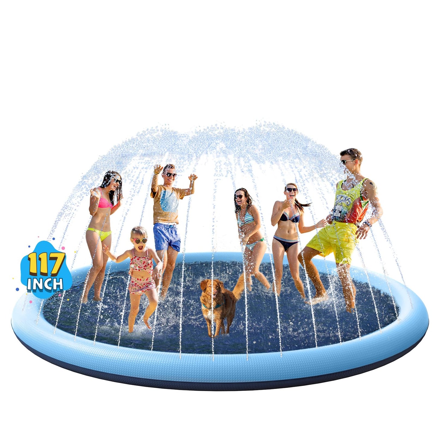 VISTOP Non-Slip Splash Pad for Kids & Dogs – 117-Inch Blue Backyard Water Mat