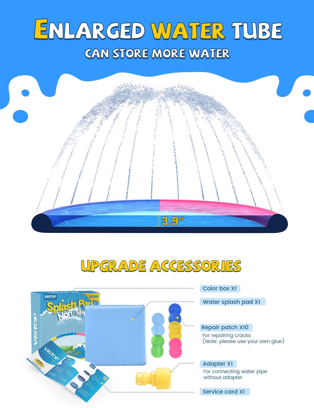 VISTOP 87-inch Non-Slip Splash Pad for Kids & Dogs – Thick, Durable Outdoor Water Play Mat