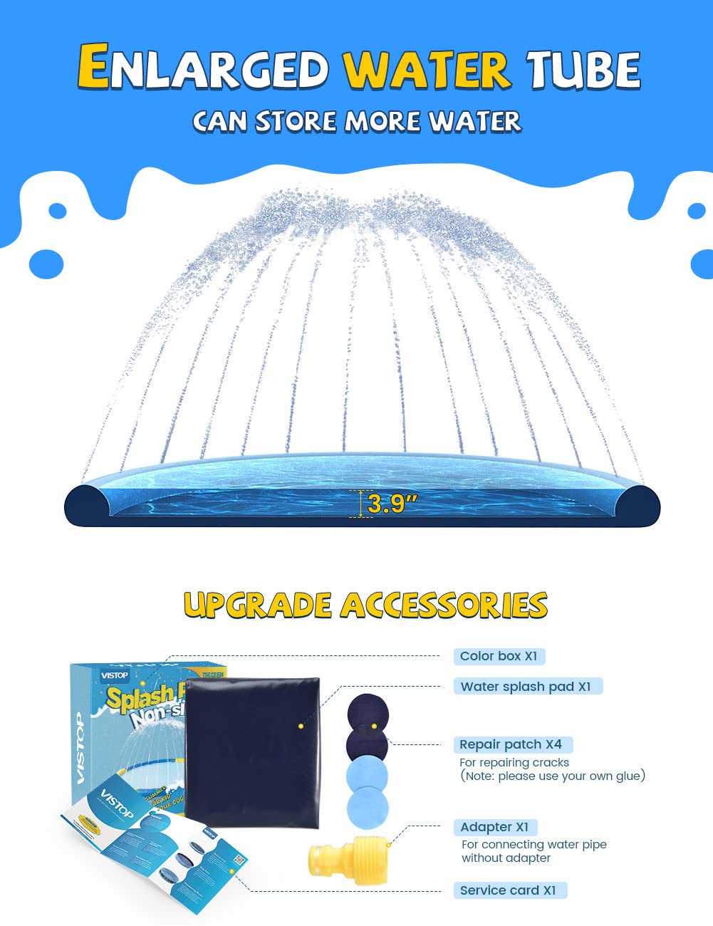 VISTOP Non-Slip Splash Pad for Kids & Dogs – 117-Inch Blue Backyard Water Mat
