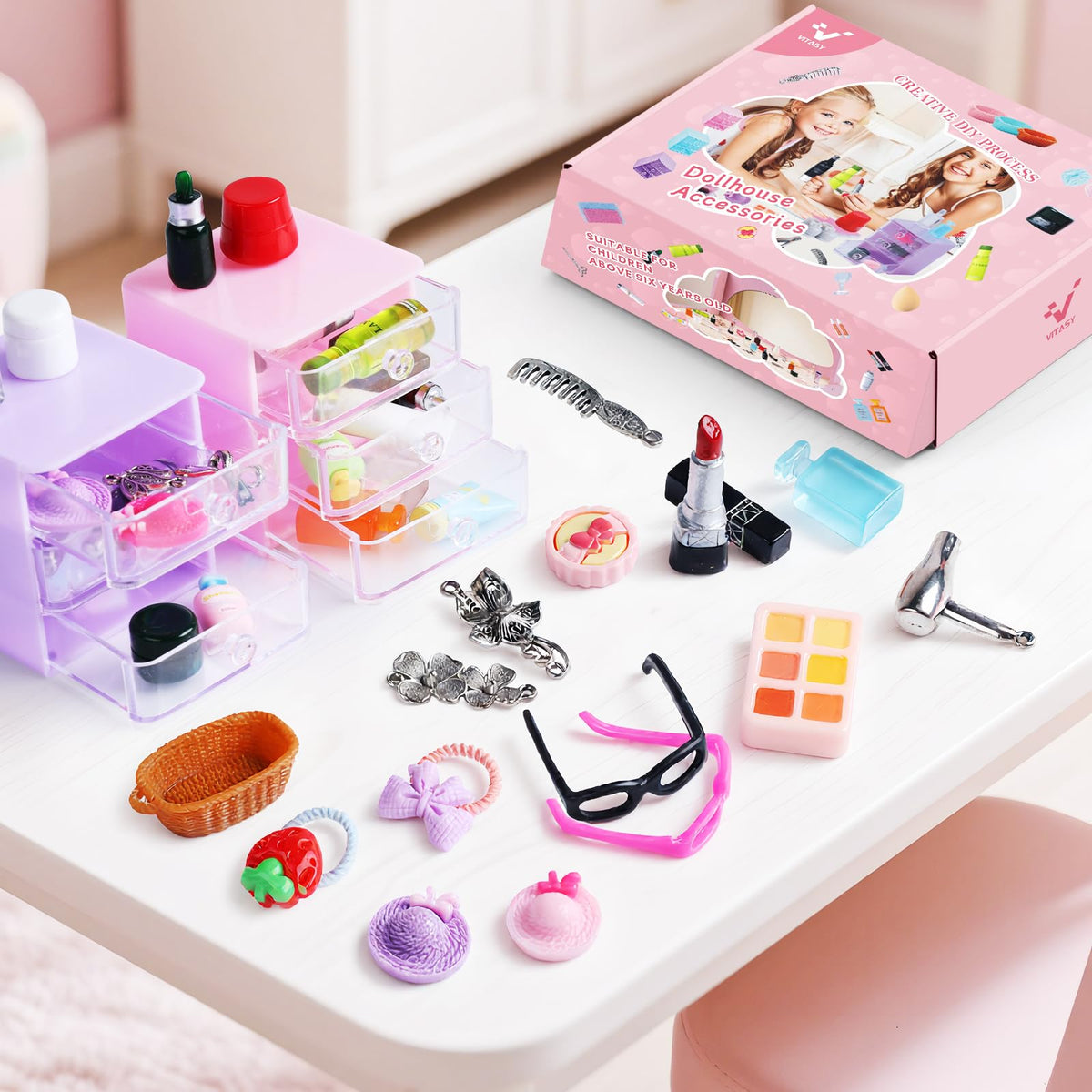 VITASY 76pcs Dollhouse Bathroom Set – 1:12 Scale Makeup, Towel, Toothbrush & Accessories
