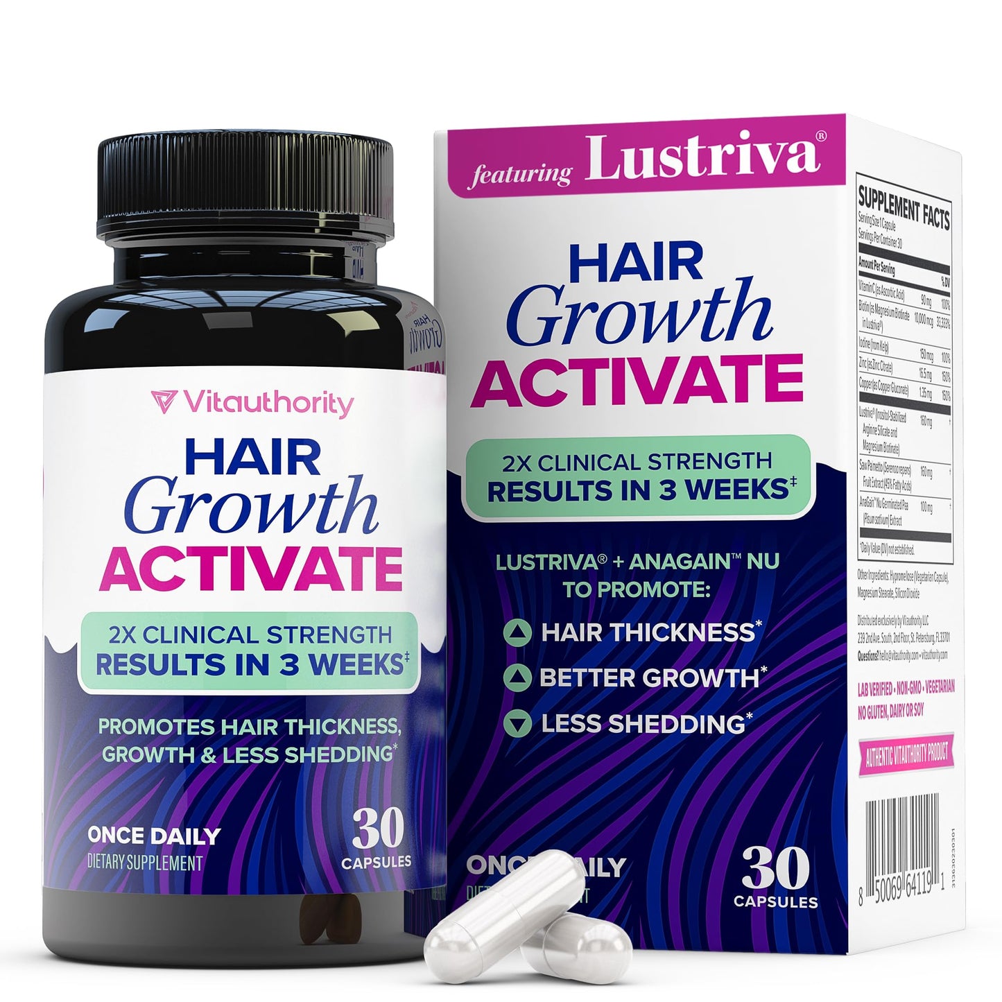 Vitauthority Lustriva Hair Growth Supplement for Women | Thicker, Fuller Hair with DHT Blocker Vitamins | 30 Capsules