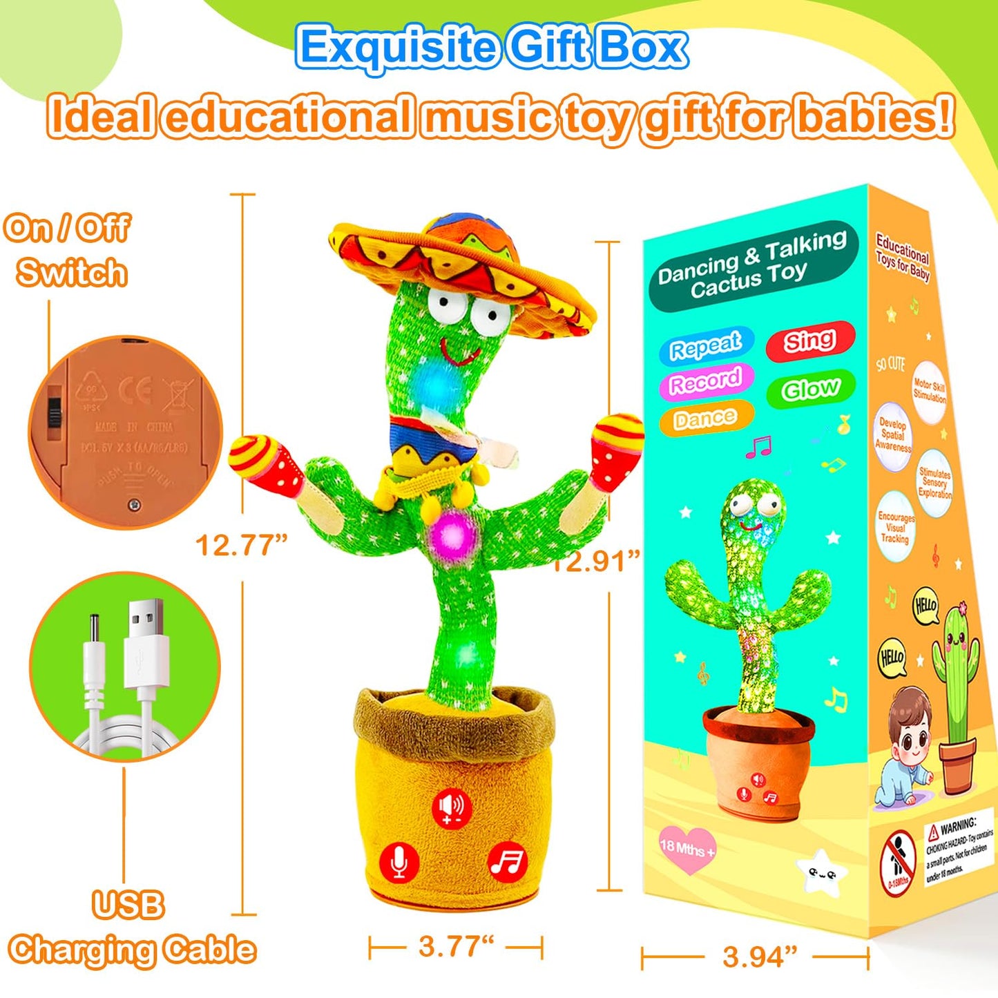 Vitosup Rechargeable Dancing Talking Cactus Toy – Adjustable Volume, Recording, LED Lights