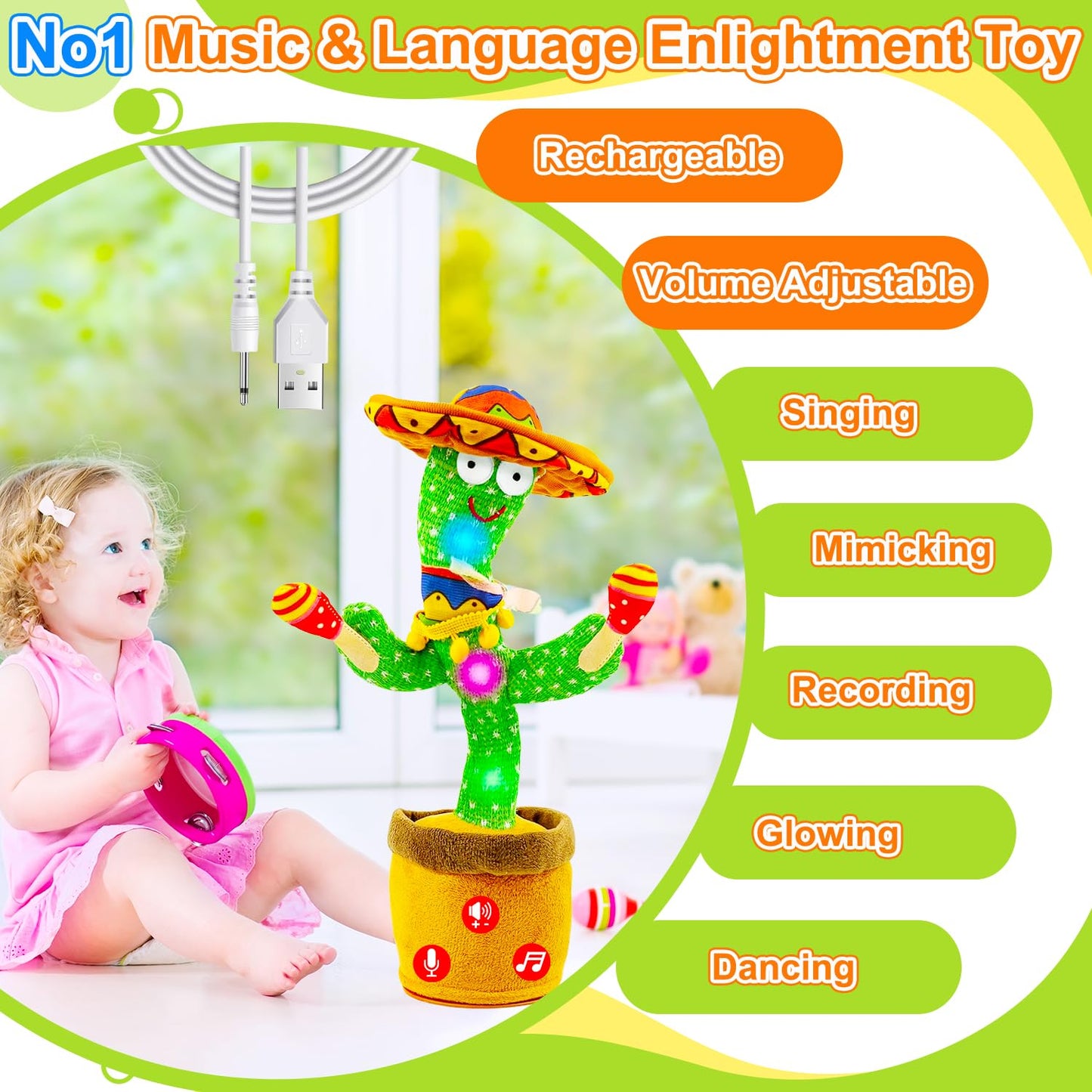 Vitosup Rechargeable Dancing Talking Cactus Toy – Adjustable Volume, Recording, LED Lights