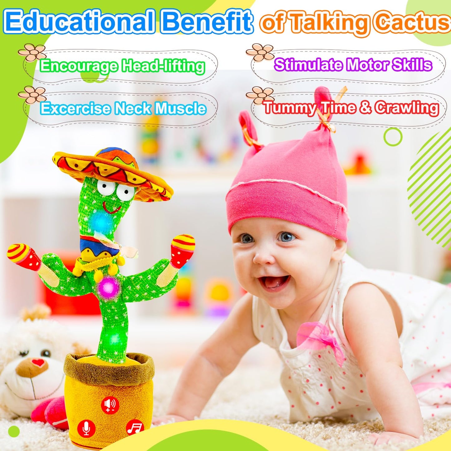 Vitosup Rechargeable Dancing Talking Cactus Toy – Adjustable Volume, Recording, LED Lights