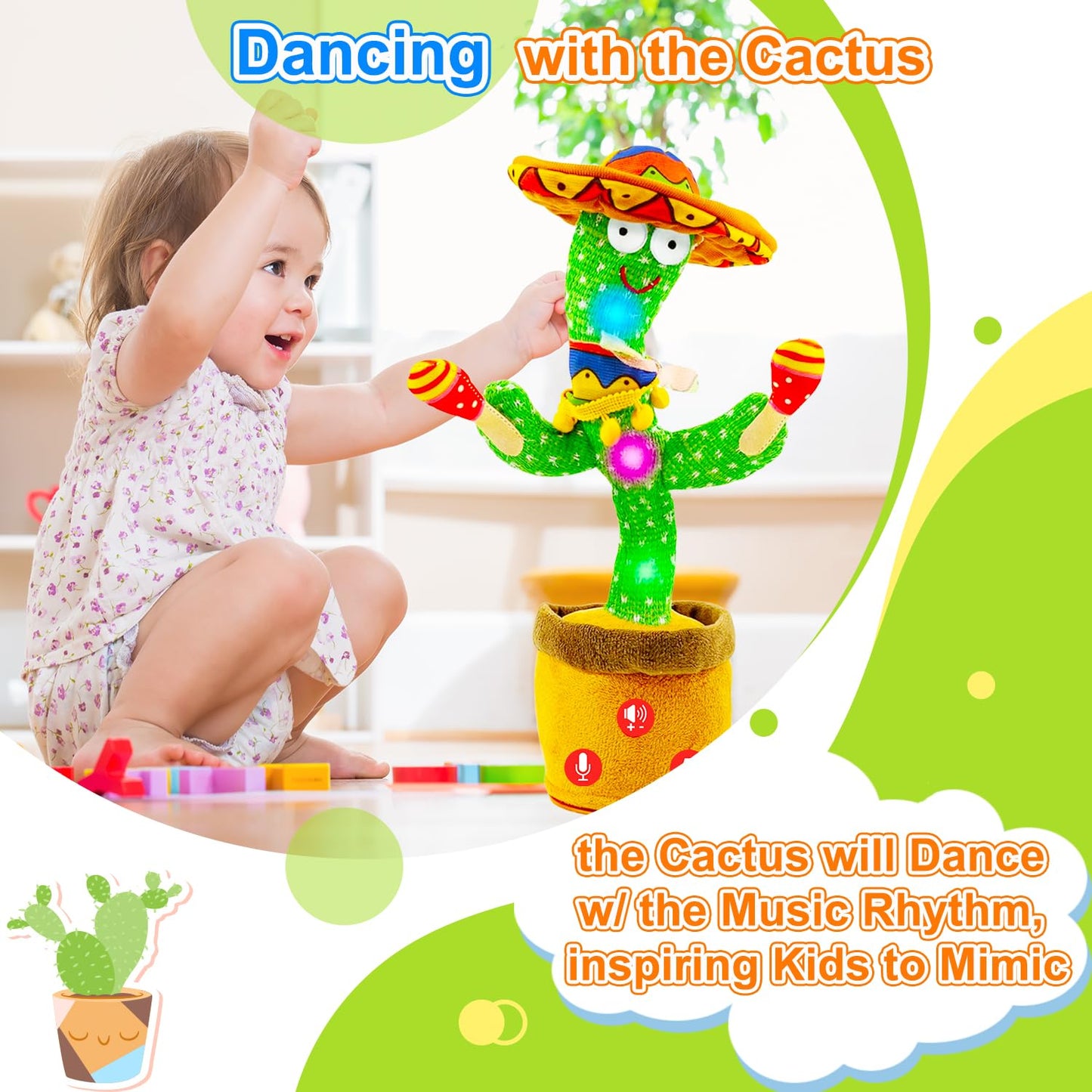 Vitosup Rechargeable Dancing Talking Cactus Toy – Adjustable Volume, Recording, LED Lights
