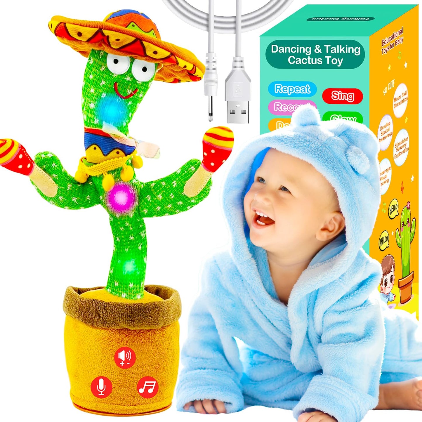 Vitosup Rechargeable Dancing Talking Cactus Toy – Adjustable Volume, Recording, LED Lights