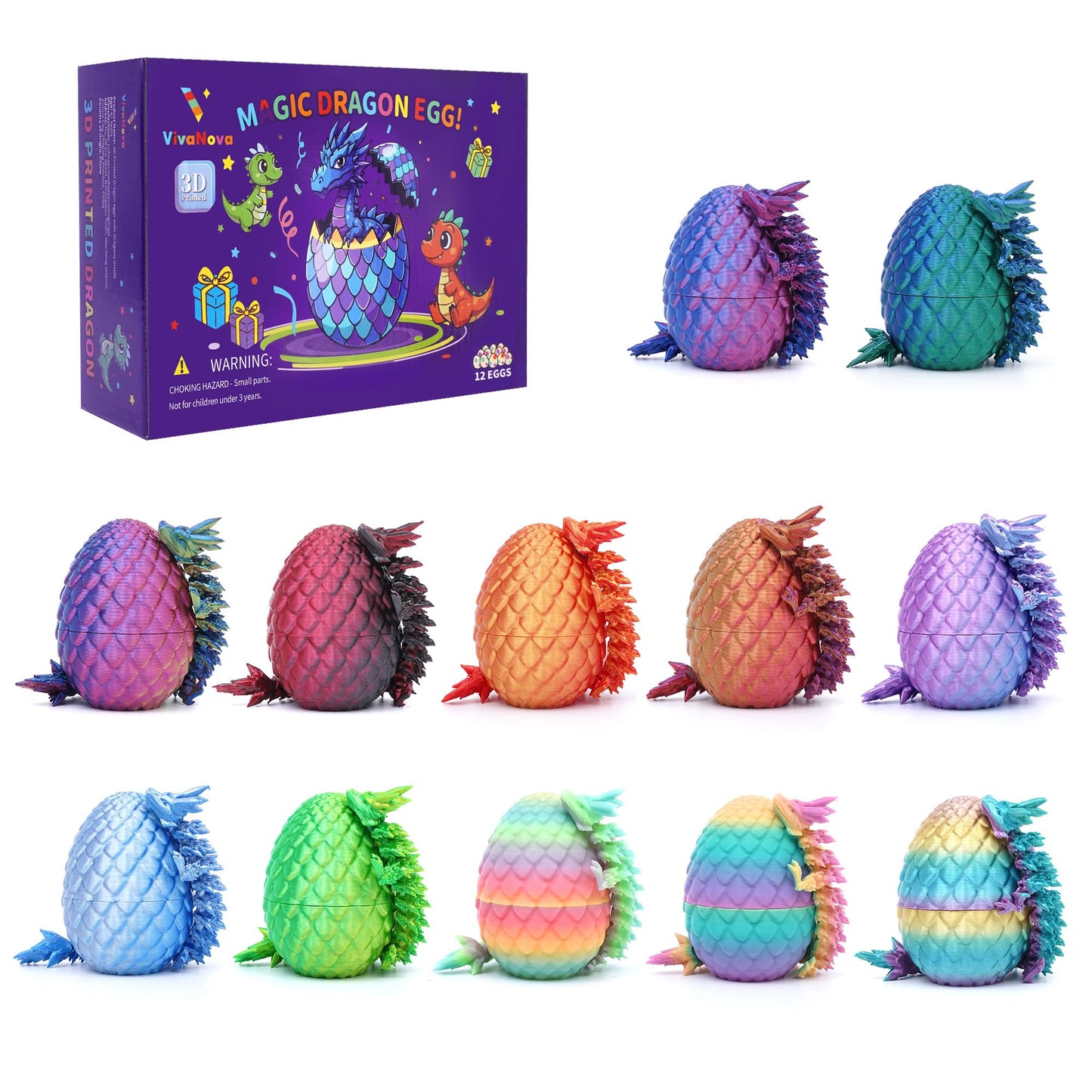 VivaNova 12-Pack 3D Printed Easter Dragon Eggs | Articulated Mini Dragons Inside