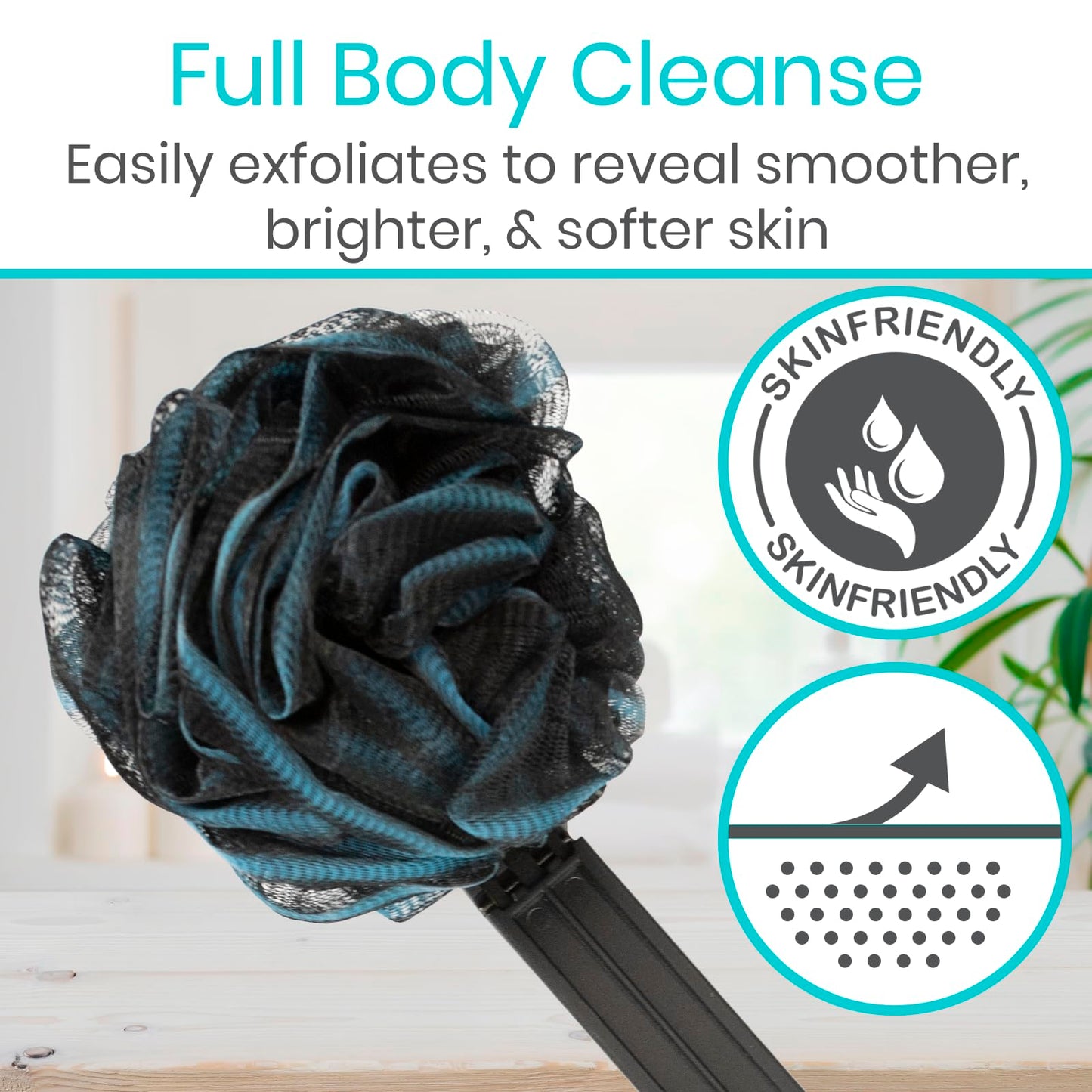 Vive Long Handled Loofah Stick – Extended Reach Bath Scrubber with Extra Pouf
