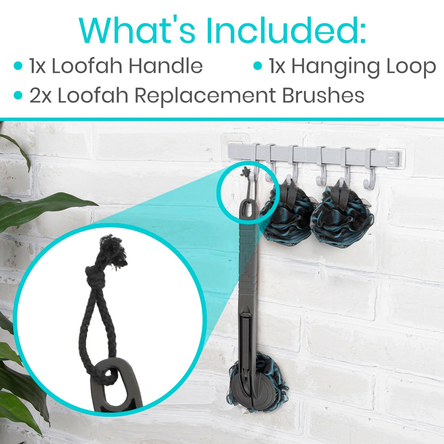 Vive Long Handled Loofah Stick – Extended Reach Bath Scrubber with Extra Pouf