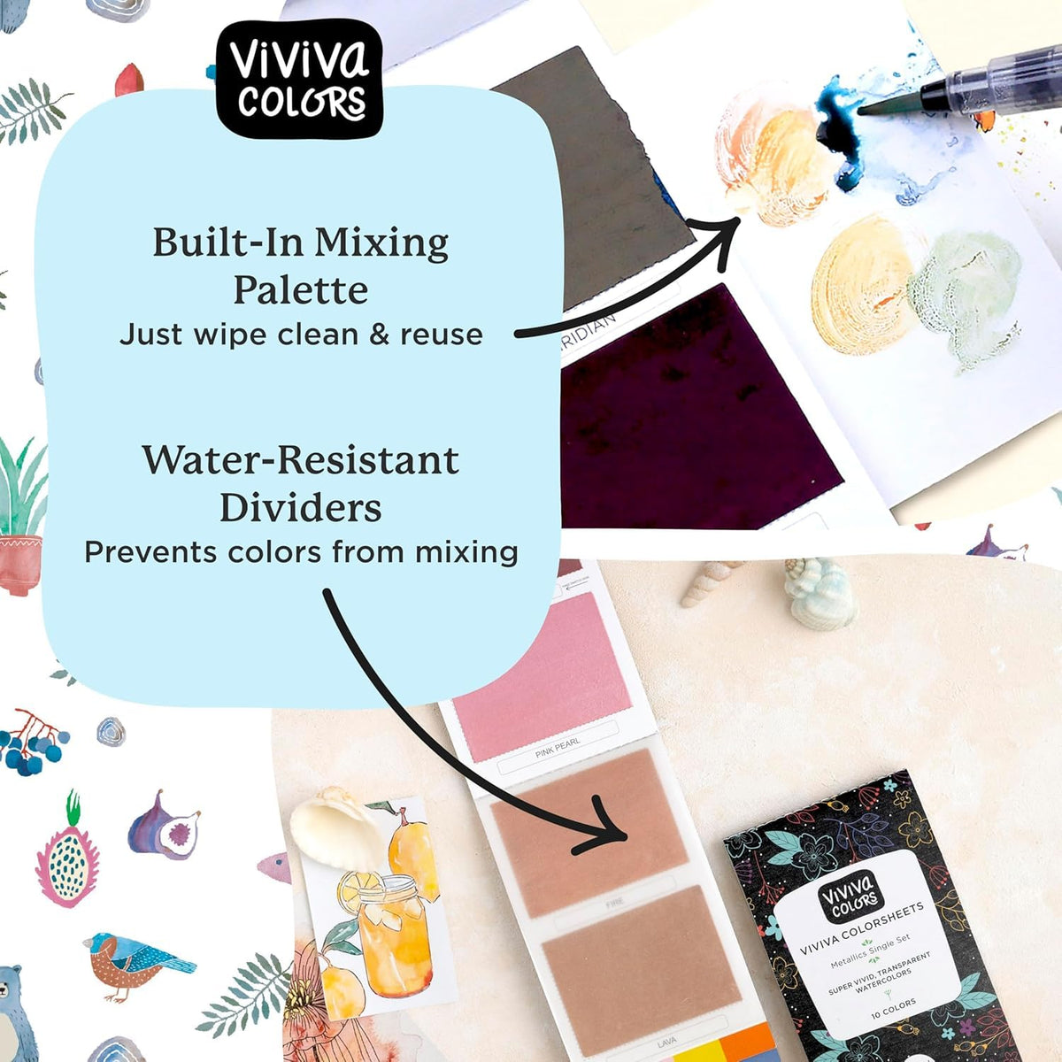 Viviva Colors Metallic Watercolor Sheets – 10-Color Travel Paint Set