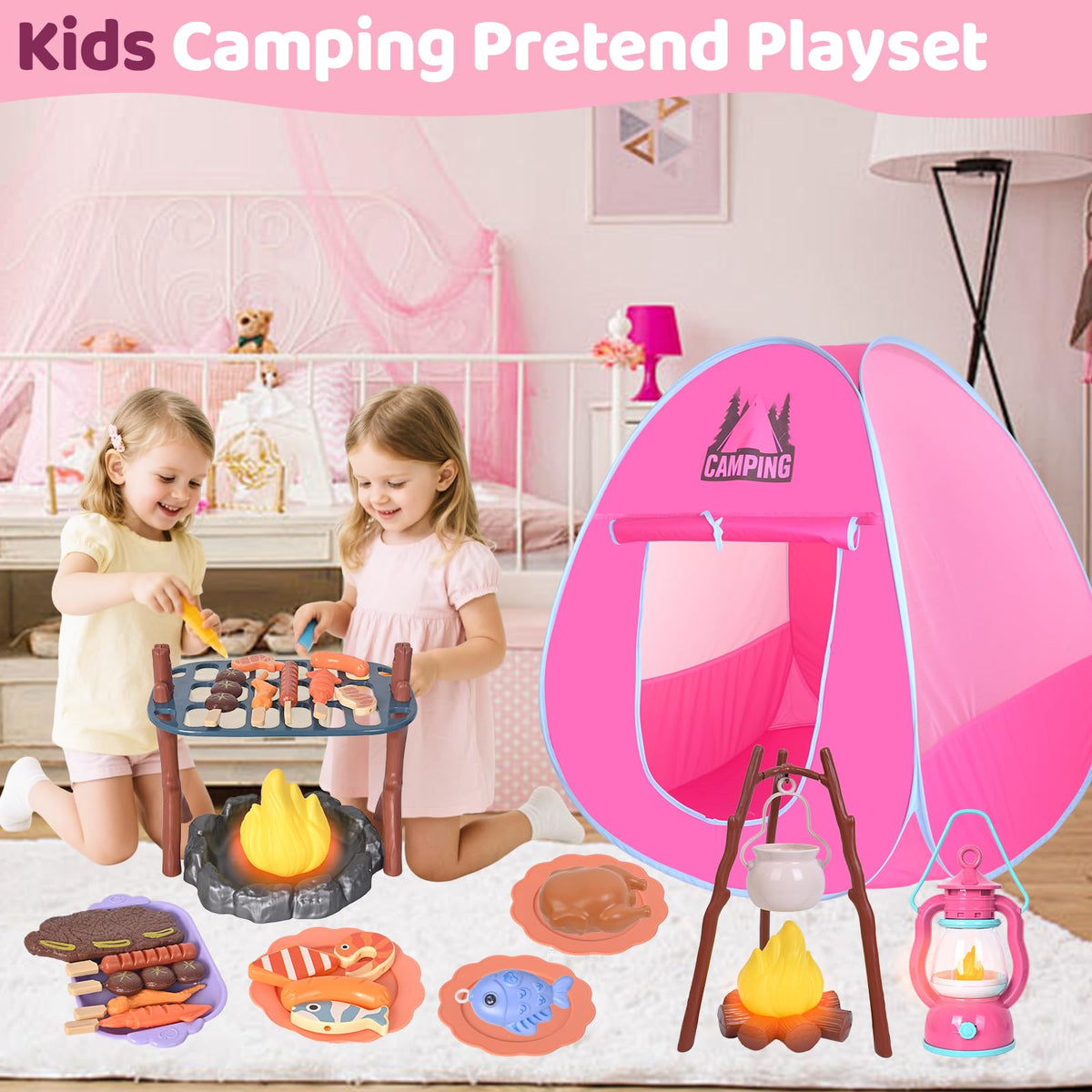 Viwulute Camping Set Toys with Pop Up Tent – Indoor/Outdoor Pretend Play for Toddlers 3-5