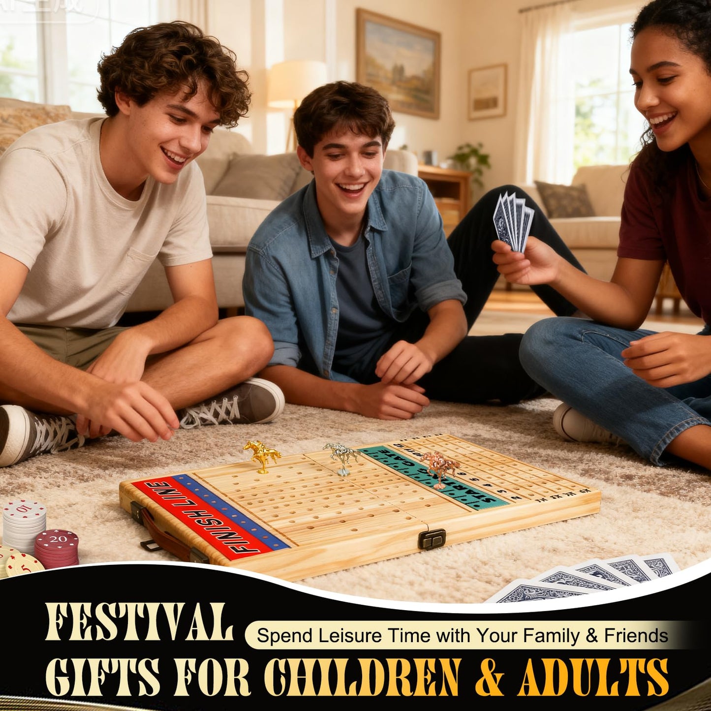 Vixflux 21-Inch Horse Racing Board Game – Luxury Metal Horses, Thick Wooden Board, Complete Family Set