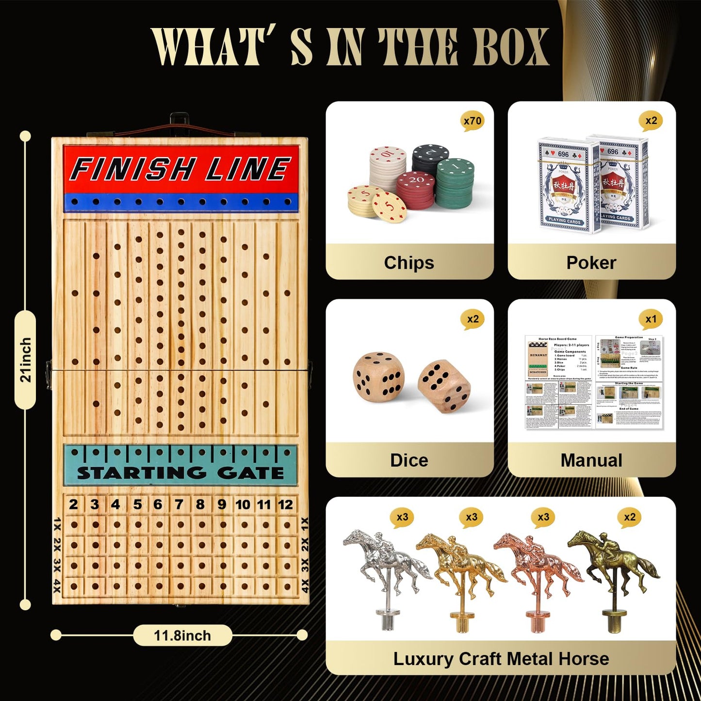 Vixflux 21-Inch Horse Racing Board Game – Luxury Metal Horses, Thick Wooden Board, Complete Family Set