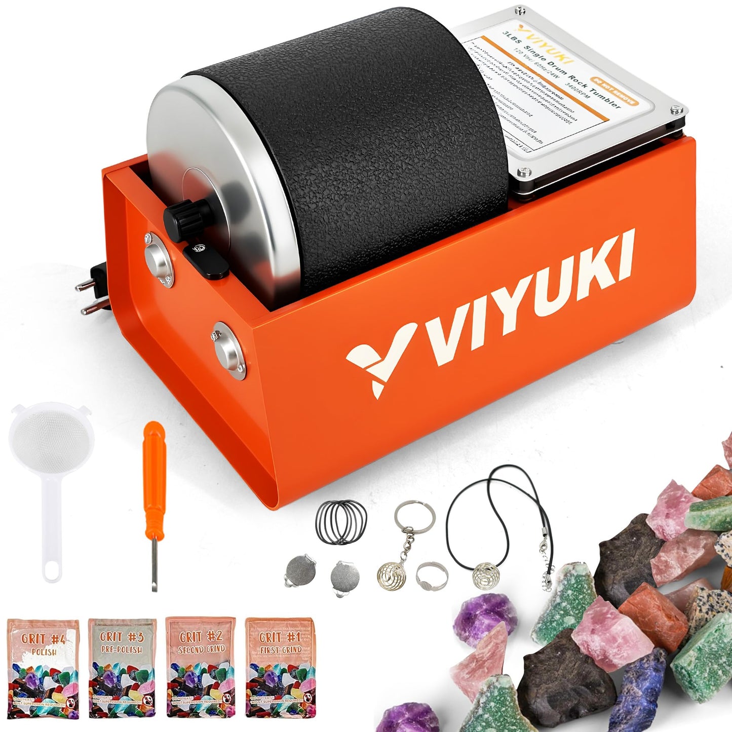 VIYUKI Rock Tumbler Kit – 3 lb Extra-Large Barrel with Rocks, Grit & Educational STEM Kit