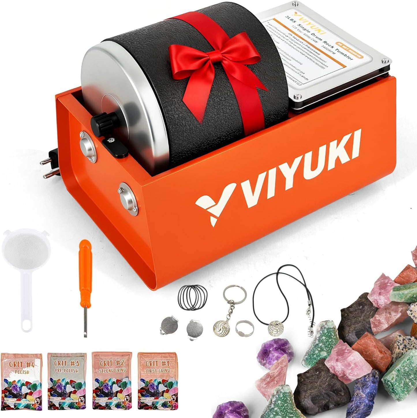 VIYUKI Rock Tumbler Kit – 3 lb Extra-Large Barrel with Rocks, Grit & Educational STEM Kit