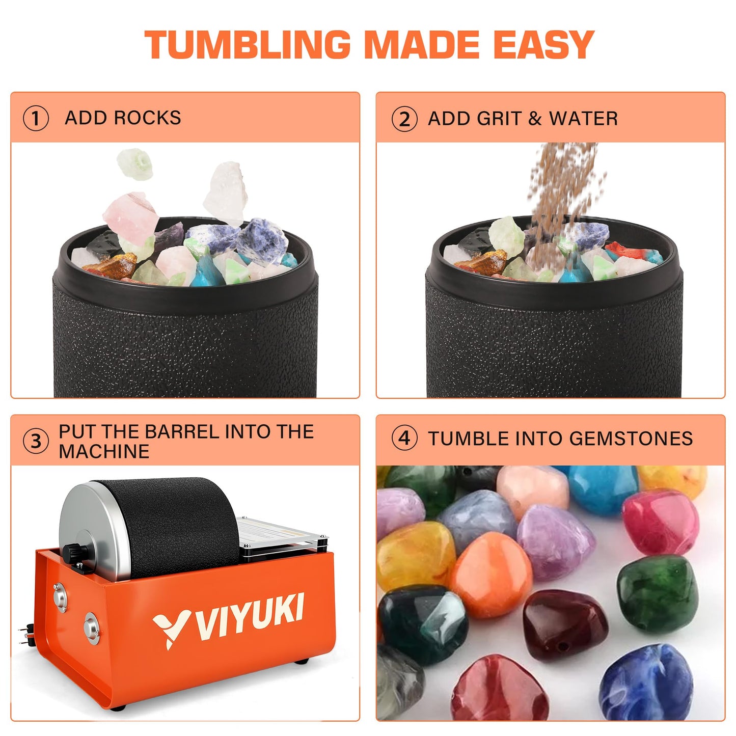 VIYUKI Rock Tumbler Kit – 3 lb Extra-Large Barrel with Rocks, Grit & Educational STEM Kit