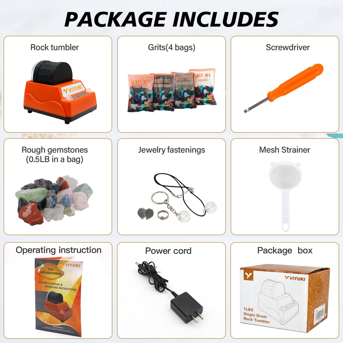 VIYUKI Rock Tumblers Kit — Turn Rough Rocks into Polished Gemstones with 4 Grits & Accessories