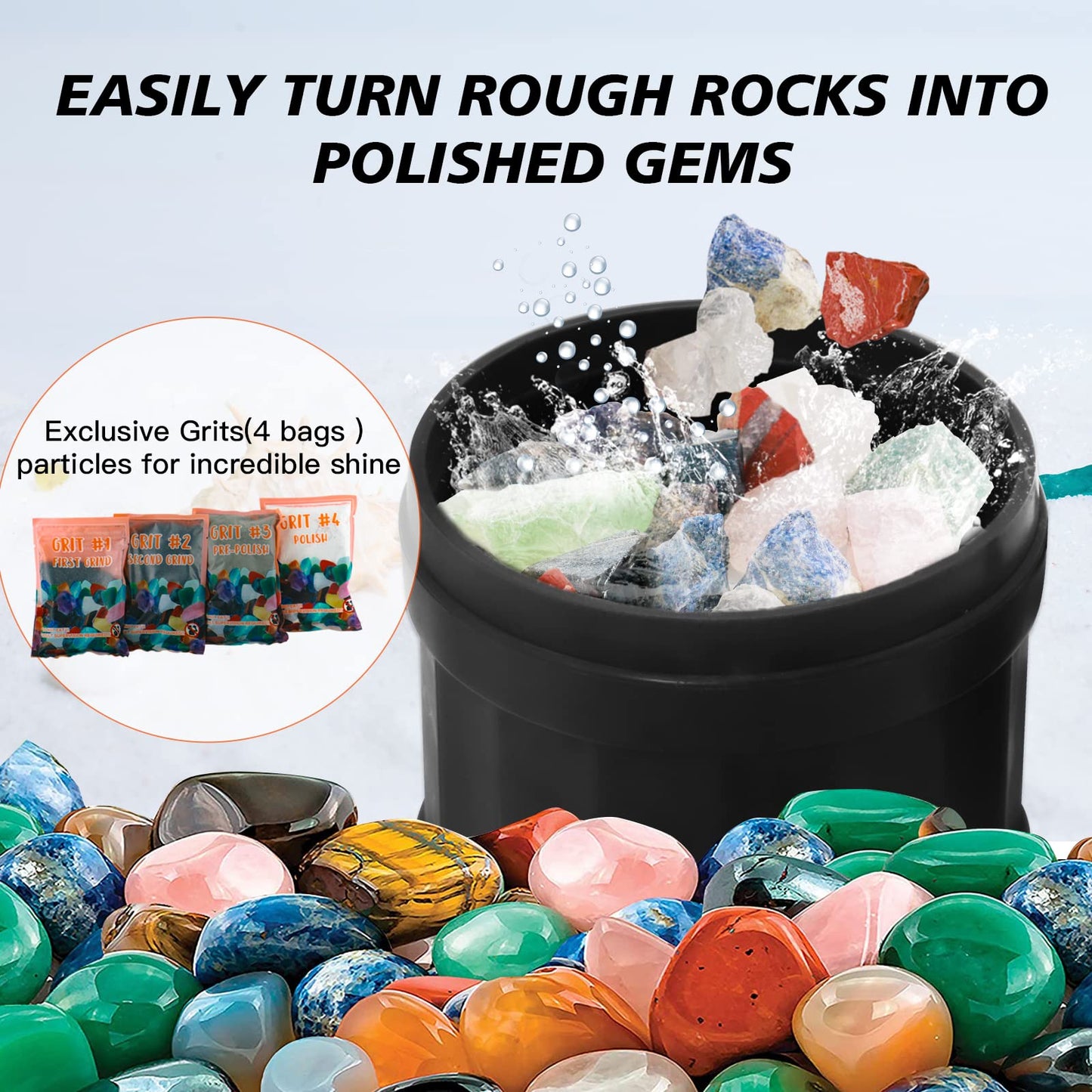 VIYUKI Rock Tumblers Kit — Turn Rough Rocks into Polished Gemstones with 4 Grits & Accessories