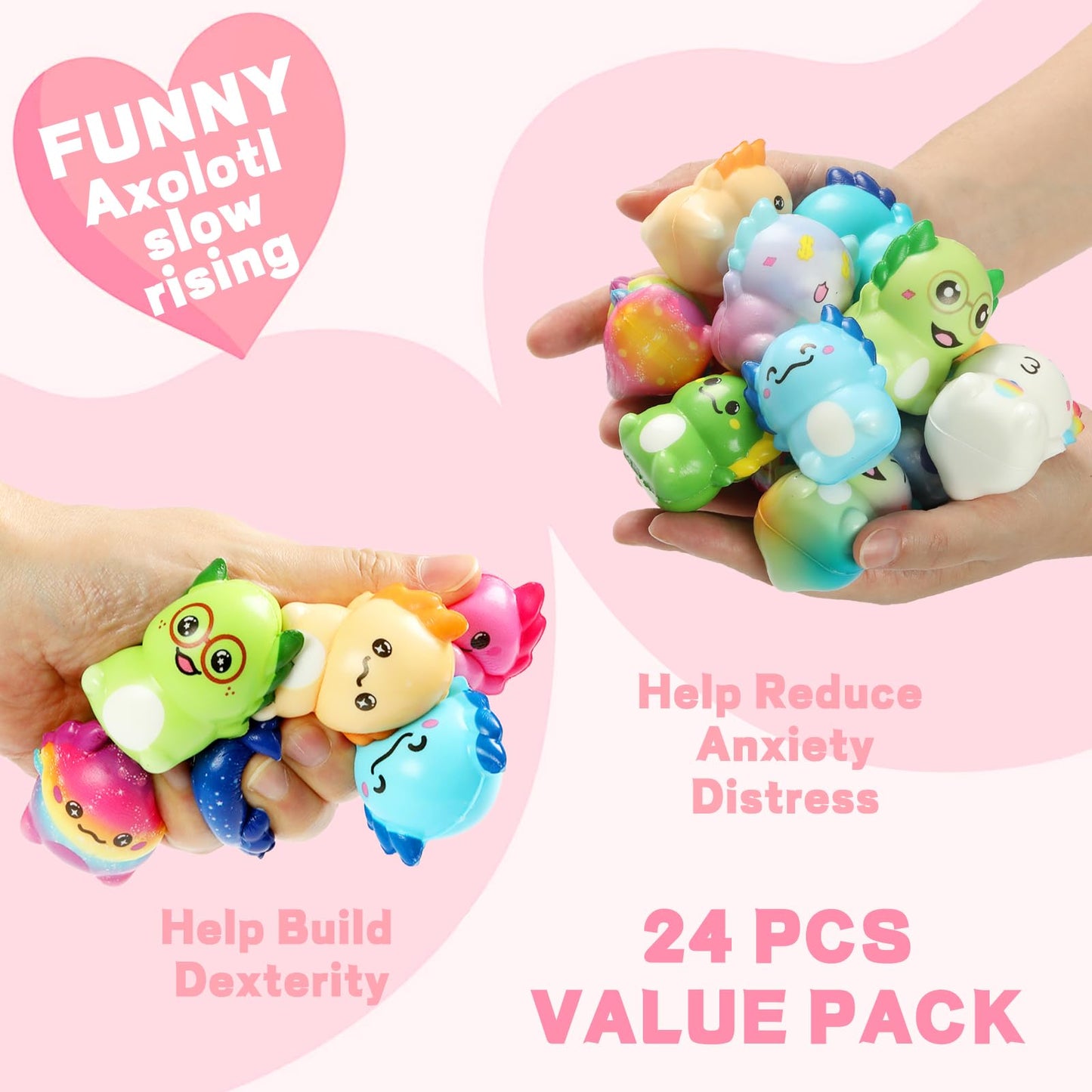Vkovnis Valentines Day Axolotl Squishies – 24 Pack Slow-Rise Fidget Toys for Kids | Classroom Favors