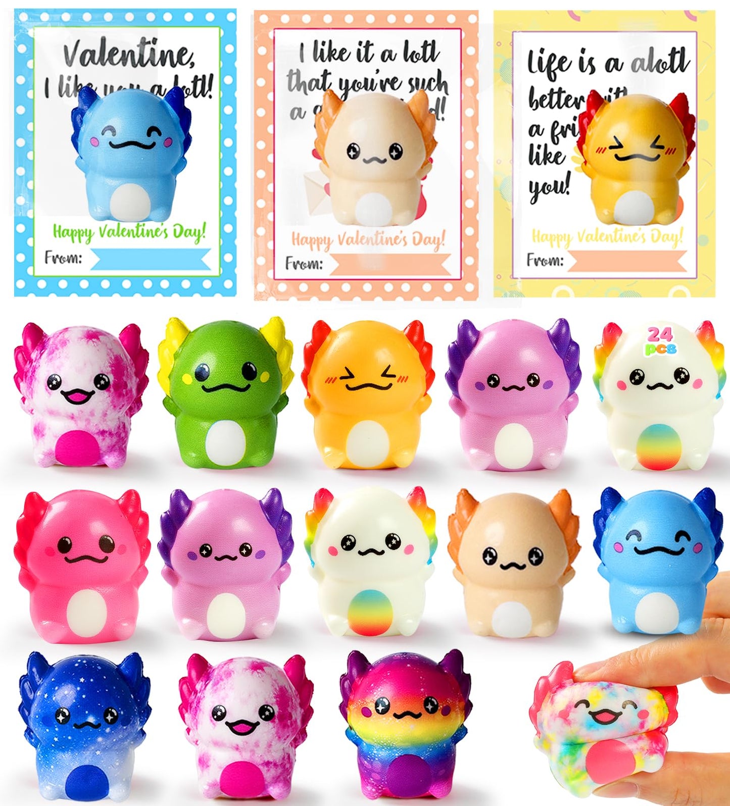 Vkovnis Valentines Day Axolotl Squishies – 24 Pack Slow-Rise Fidget Toys for Kids | Classroom Favors