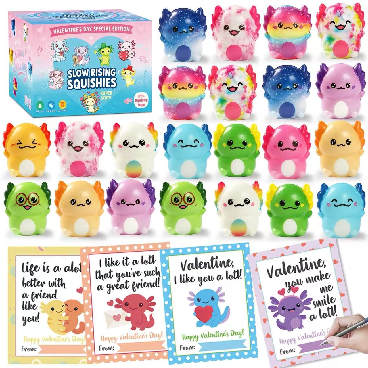 Vkovnis Valentines Day Axolotl Squishies – 24 Pack Slow-Rise Fidget Toys for Kids | Classroom Favors