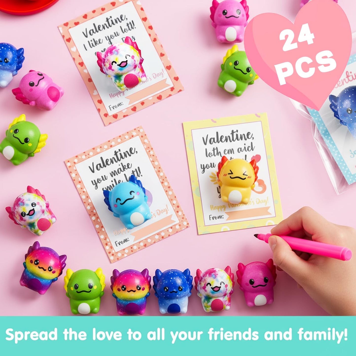 Vkovnis Valentines Day Axolotl Squishies – 24 Pack Slow-Rise Fidget Toys for Kids | Classroom Favors