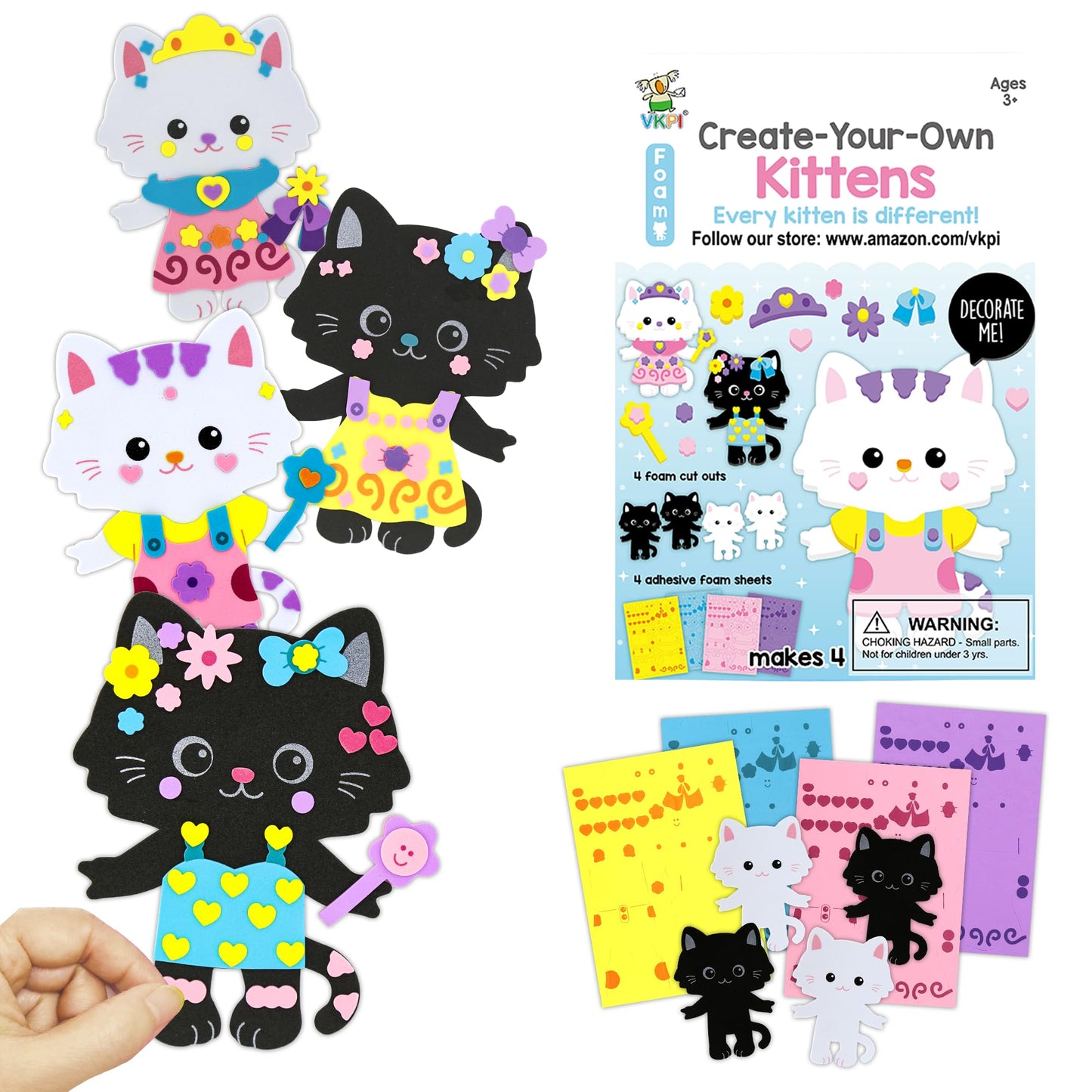VKPI 4-Piece Cats Foam Art Craft Kit for Kids Ages 4+ | Create Your Own Kittens