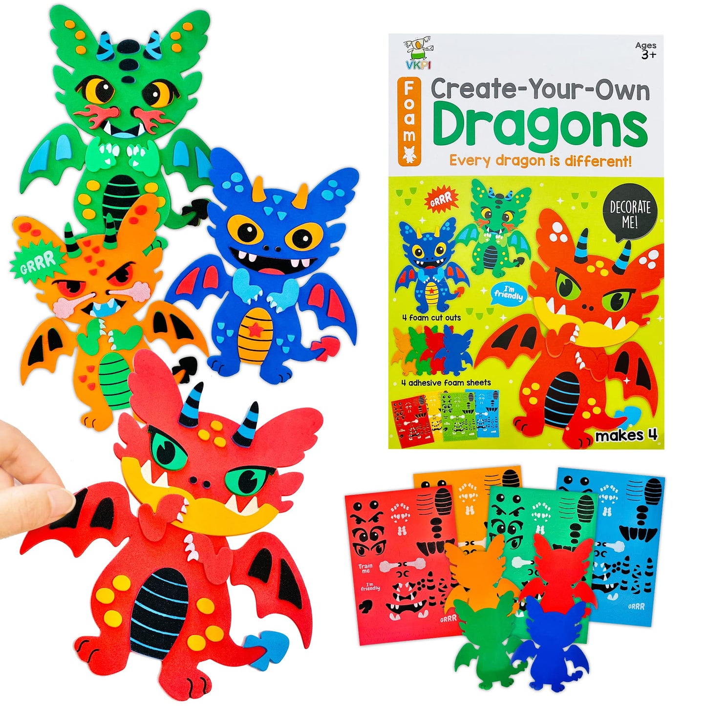 VKPI 4-Piece EVA Foam Dragon Craft Kit for Kids | Create Your Own 3D Dragons