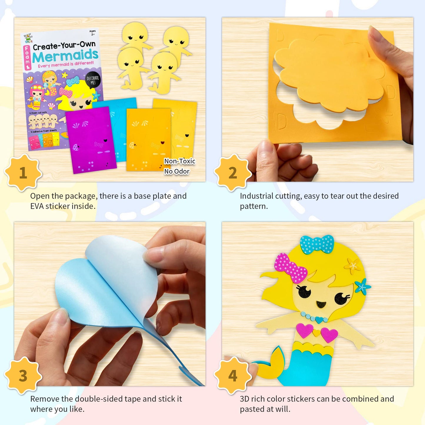 VKPI 4-Piece EVA Foam Mermaid Craft Kit for Kids | Create 3D Mermaid Art