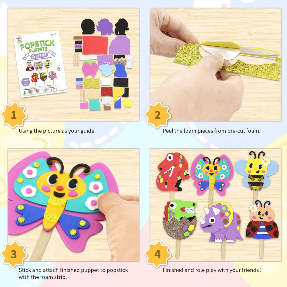 VKPI Make 6 Popstick Puppets Craft Kit for Kids – Safe Foam Arts, No Glue Needed