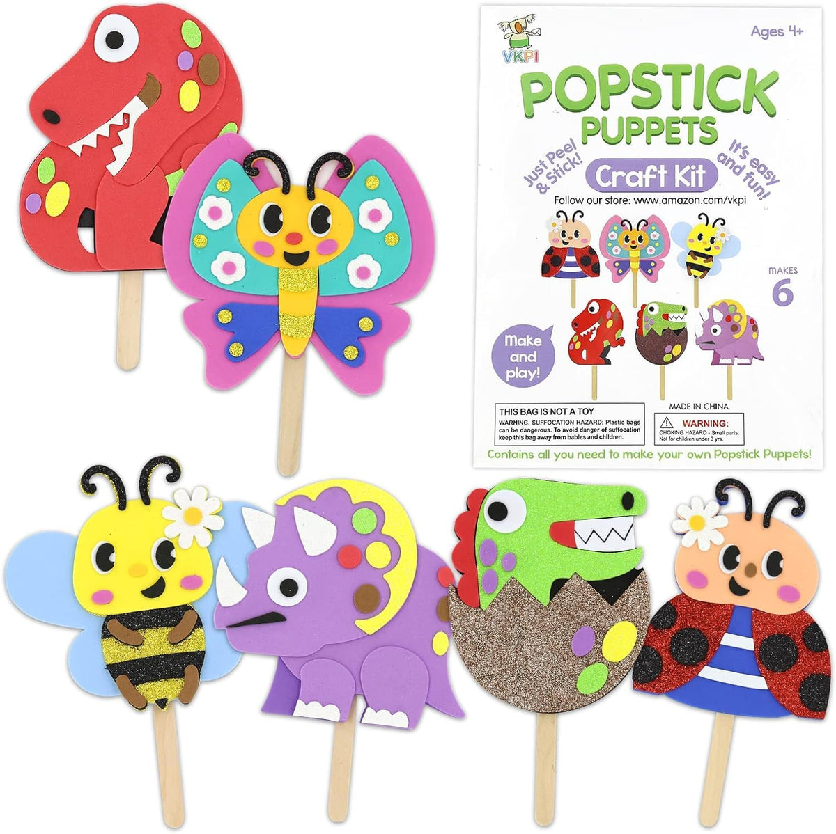 VKPI Make 6 Popstick Puppets Craft Kit for Kids – Safe Foam Arts, No Glue Needed