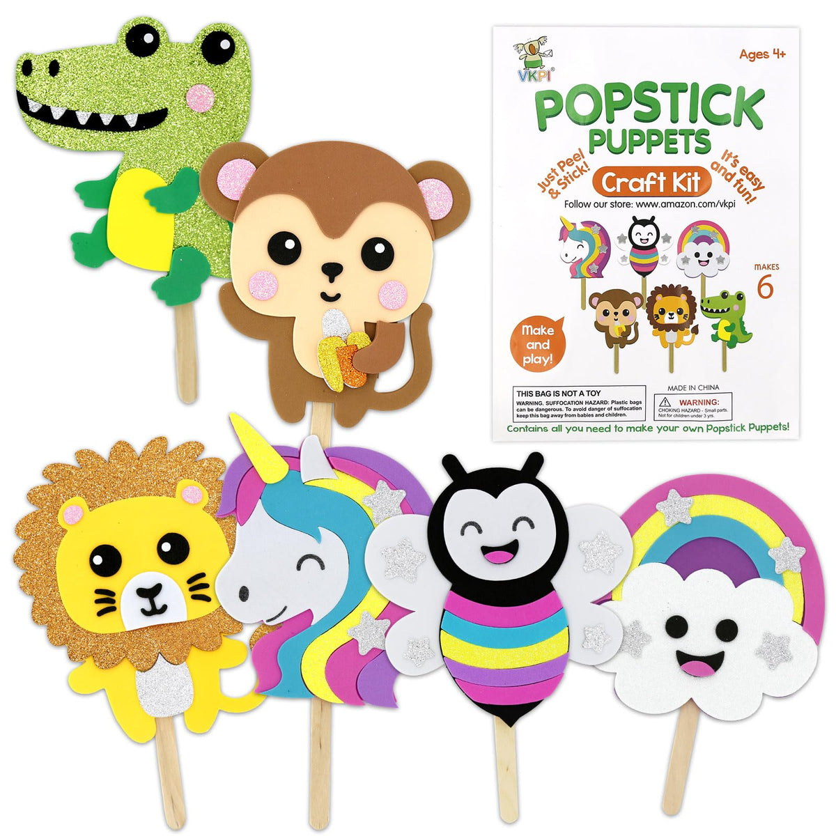 VKPI Make 6 Popstick Puppets Craft Kit for Kids | Creative Foam Art & Story Time Toys