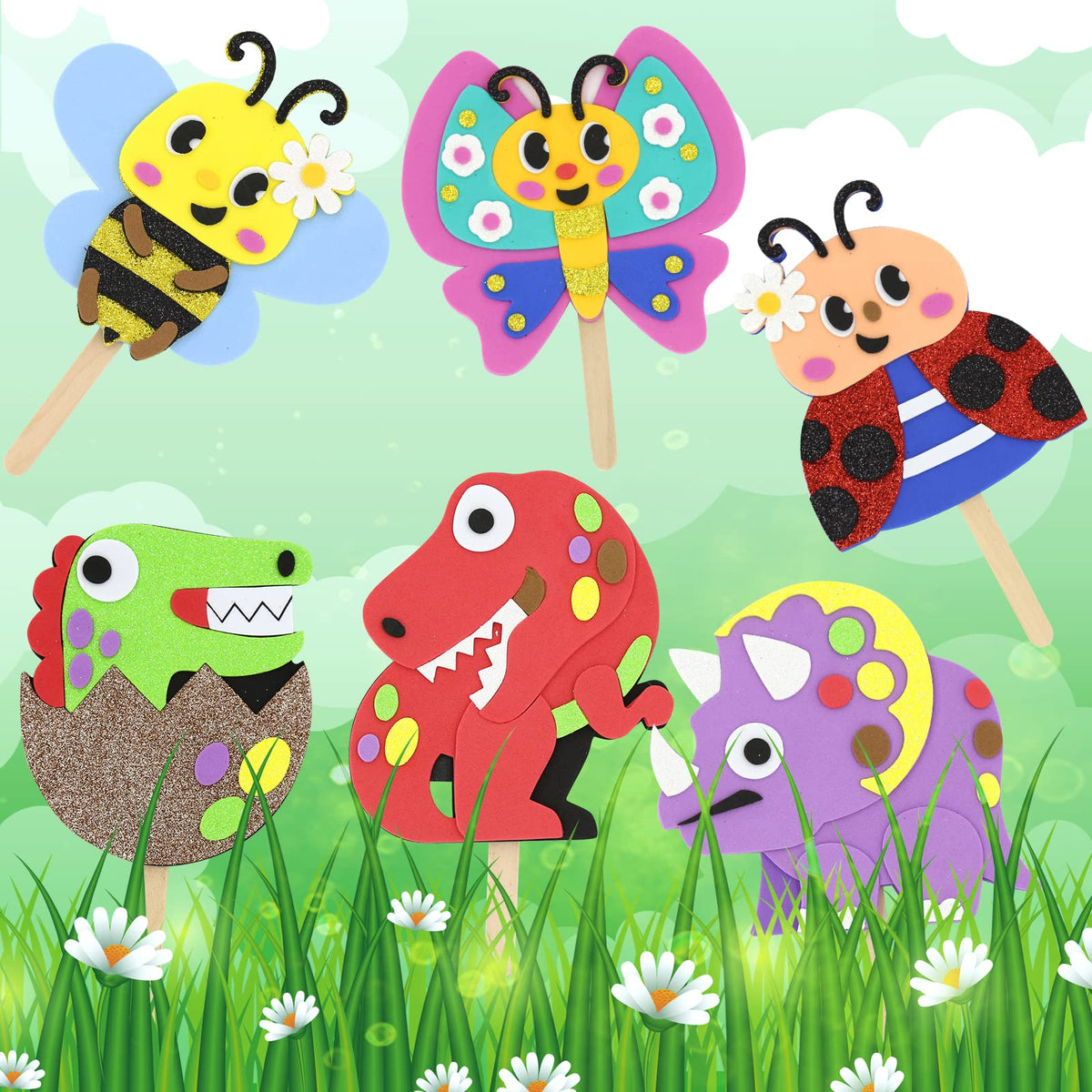 VKPI Make 6 Popstick Puppets Craft Kit for Kids – Safe Foam Arts, No Glue Needed