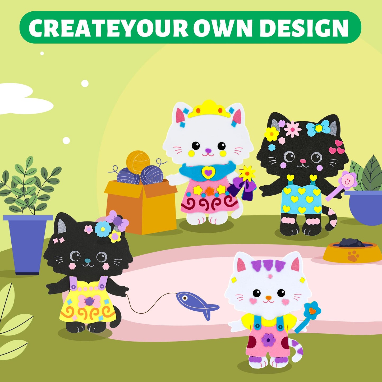 VKPI 4-Piece Cats Foam Art Craft Kit for Kids Ages 4+ | Create Your Own Kittens