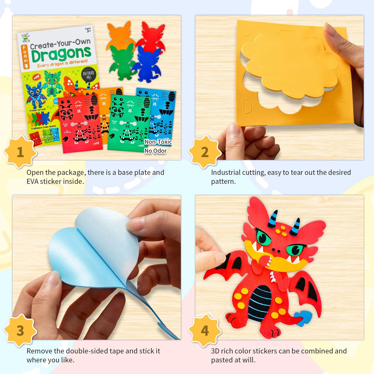 VKPI 4-Piece EVA Foam Dragon Craft Kit for Kids | Create Your Own 3D Dragons