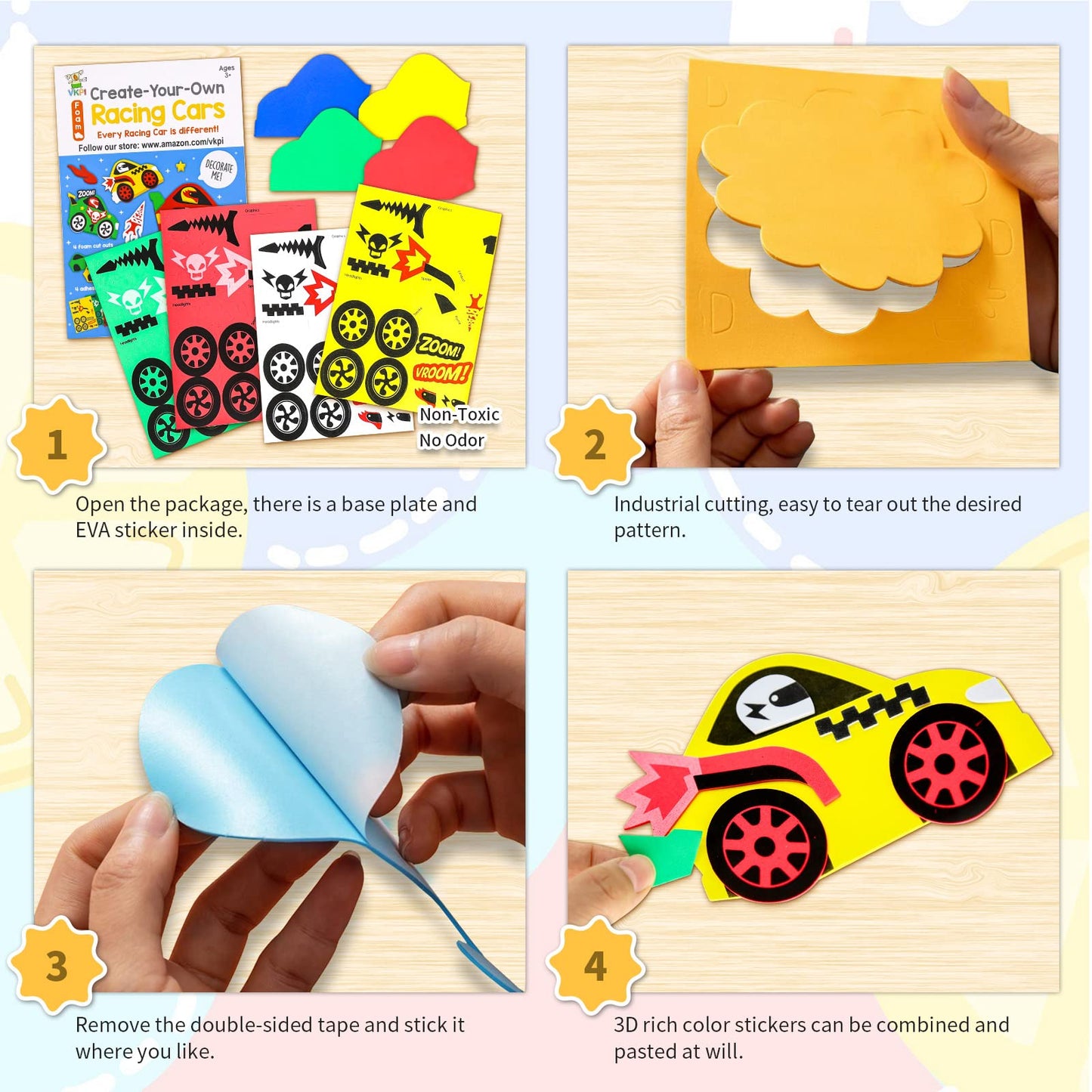VKPI 4-Piece EVA Foam Art Crafts Kit – Make Your Own Racing Cars for Kids