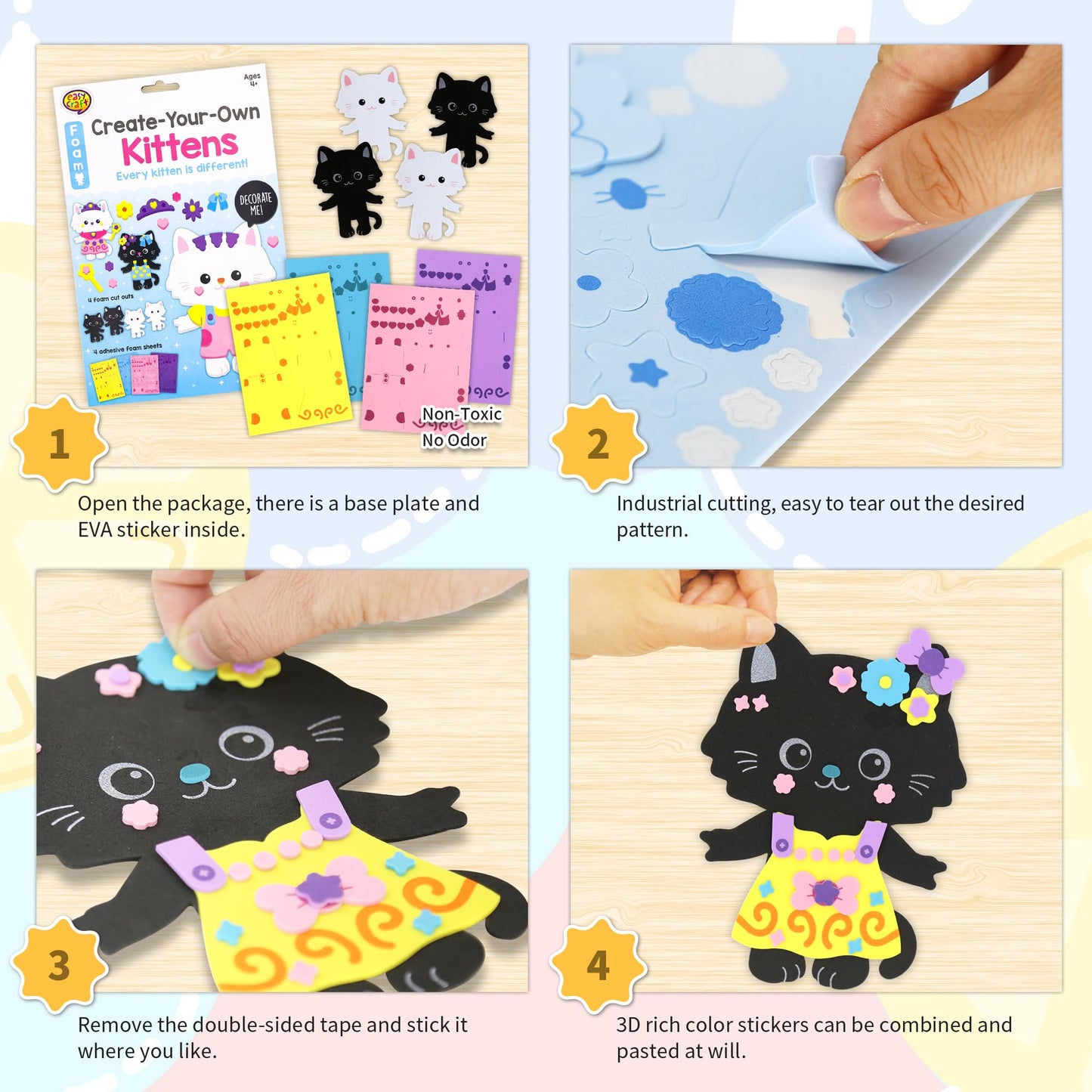 VKPI 4-Piece Cats Foam Art Craft Kit for Kids Ages 4+ | Create Your Own Kittens