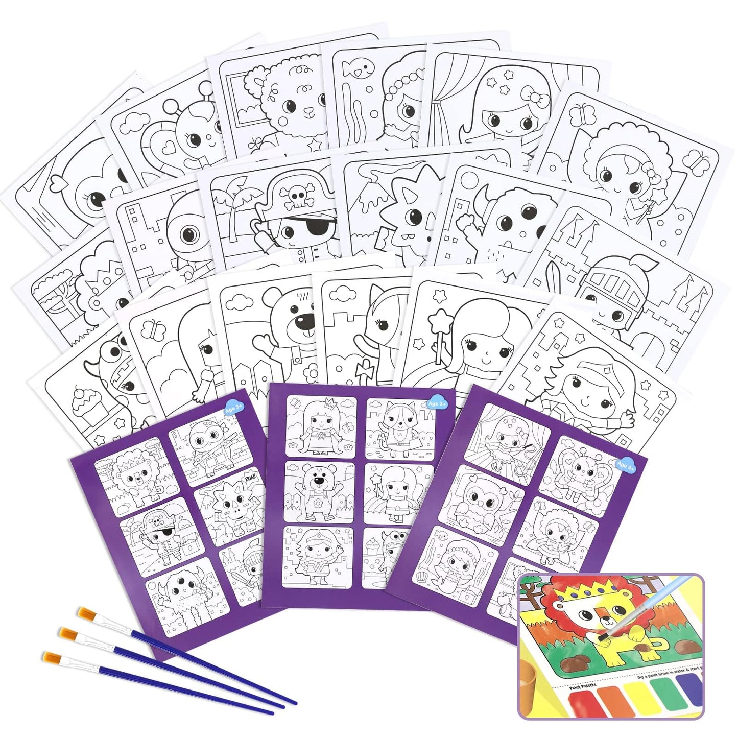 VKPI Water Coloring Activity Books – Mess-Free Kids Art Kit, 18 Sheets & 3 Brushes | Gift for Ages 3–8