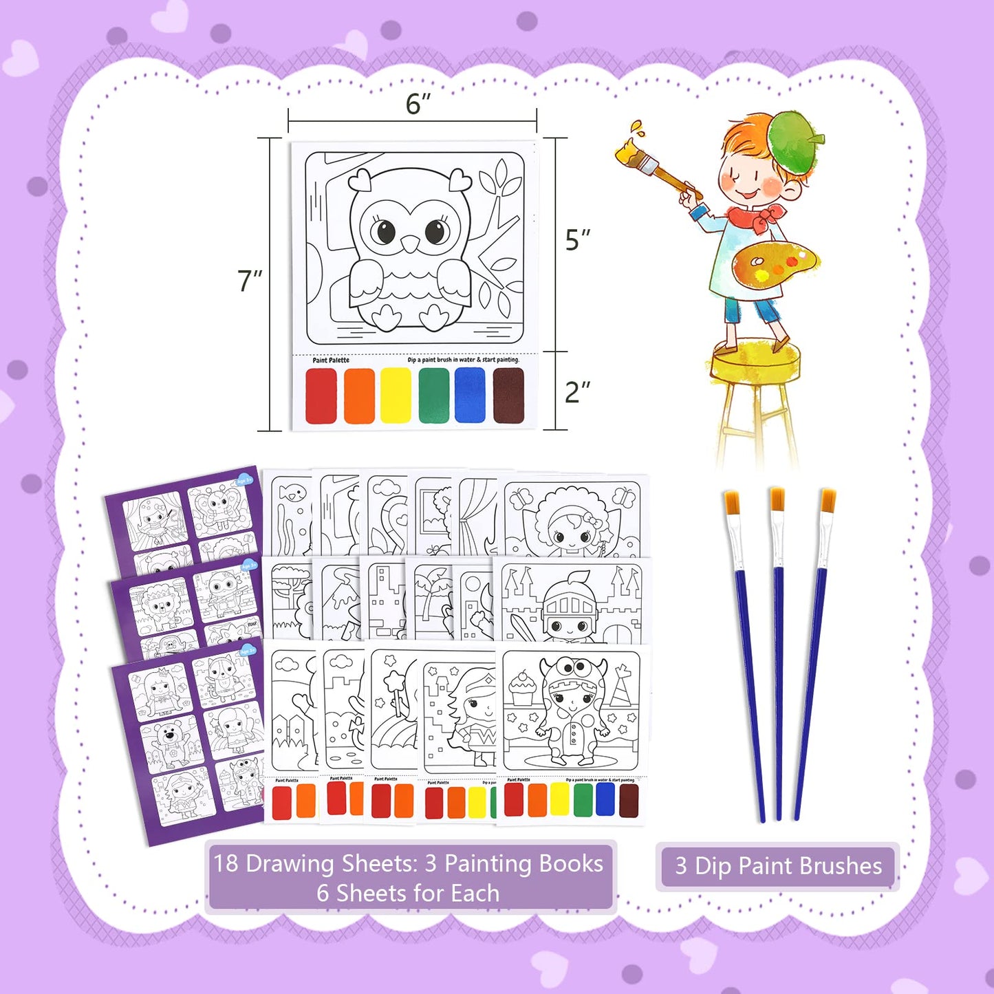 VKPI Water Coloring Activity Books – Mess-Free Kids Art Kit, 18 Sheets & 3 Brushes | Gift for Ages 3–8