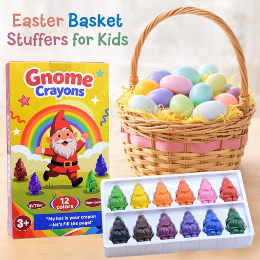 VKTEN Easter Gnome Crayons – 12-Pack Chunky 3D Toddler Coloring Set for Easter Baskets