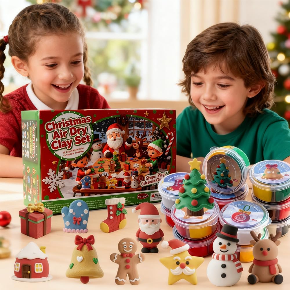 VKTEN Christmas Air-Dry Clay Kit — 12 Cups, 4 Colors Each, Holiday Tutorials