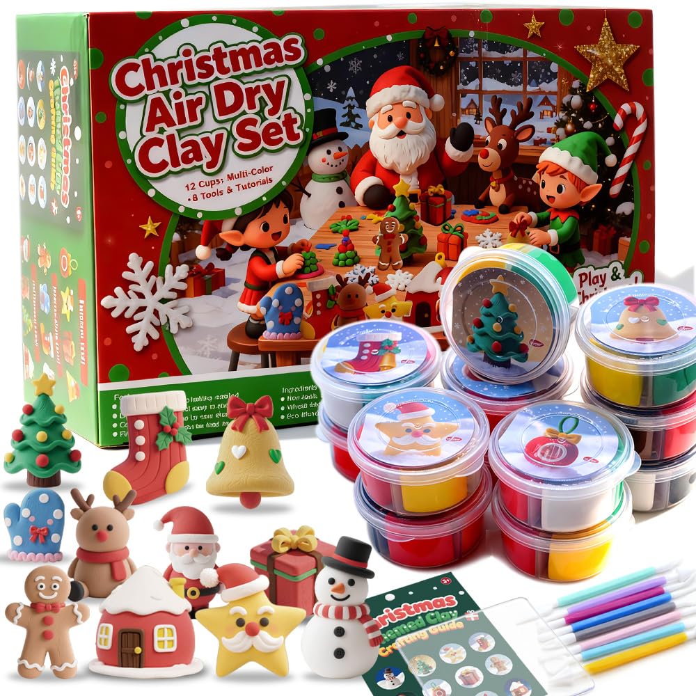 VKTEN Christmas Air-Dry Clay Kit — 12 Cups, 4 Colors Each, Holiday Tutorials