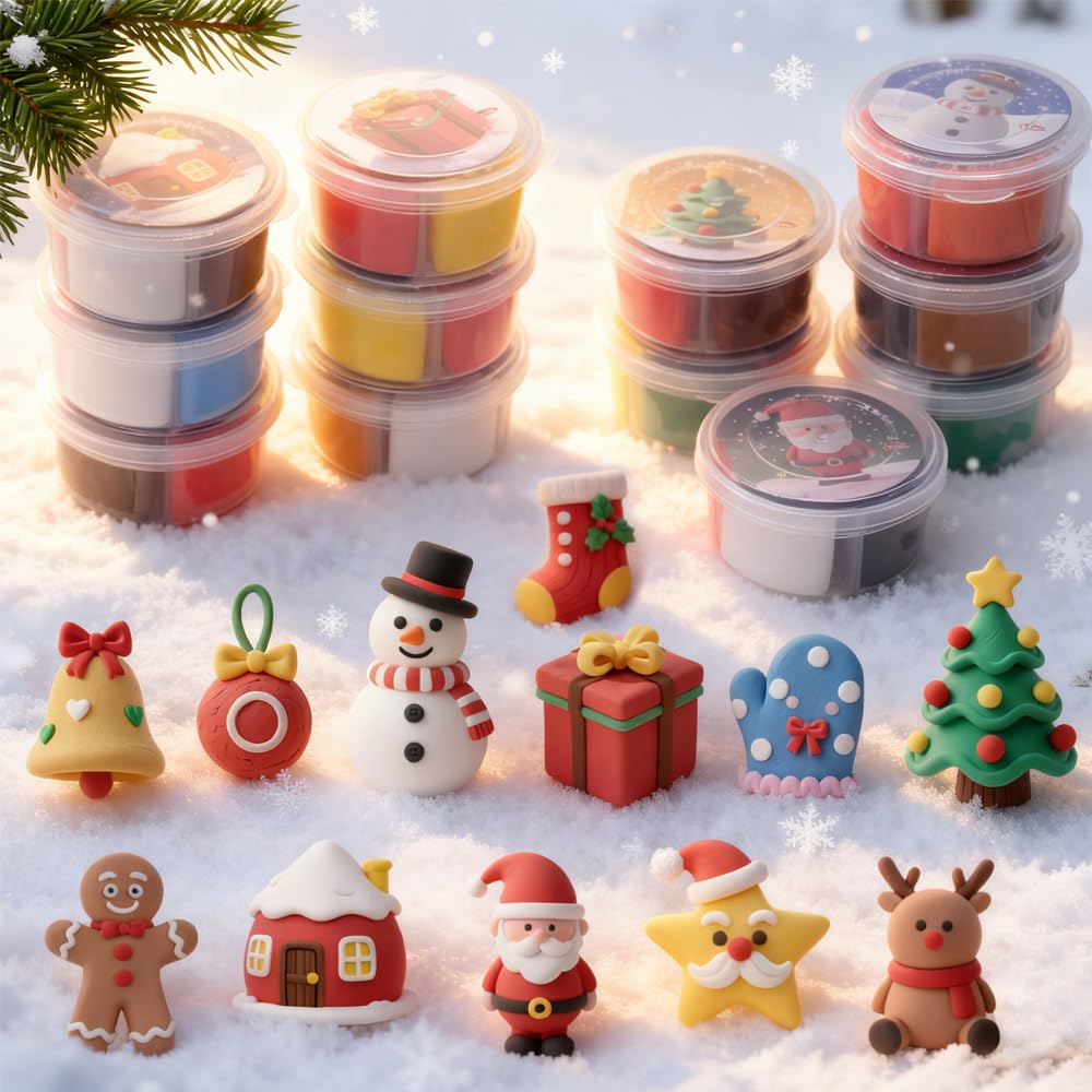 VKTEN Christmas Air-Dry Clay Kit — 12 Cups, 4 Colors Each, Holiday Tutorials