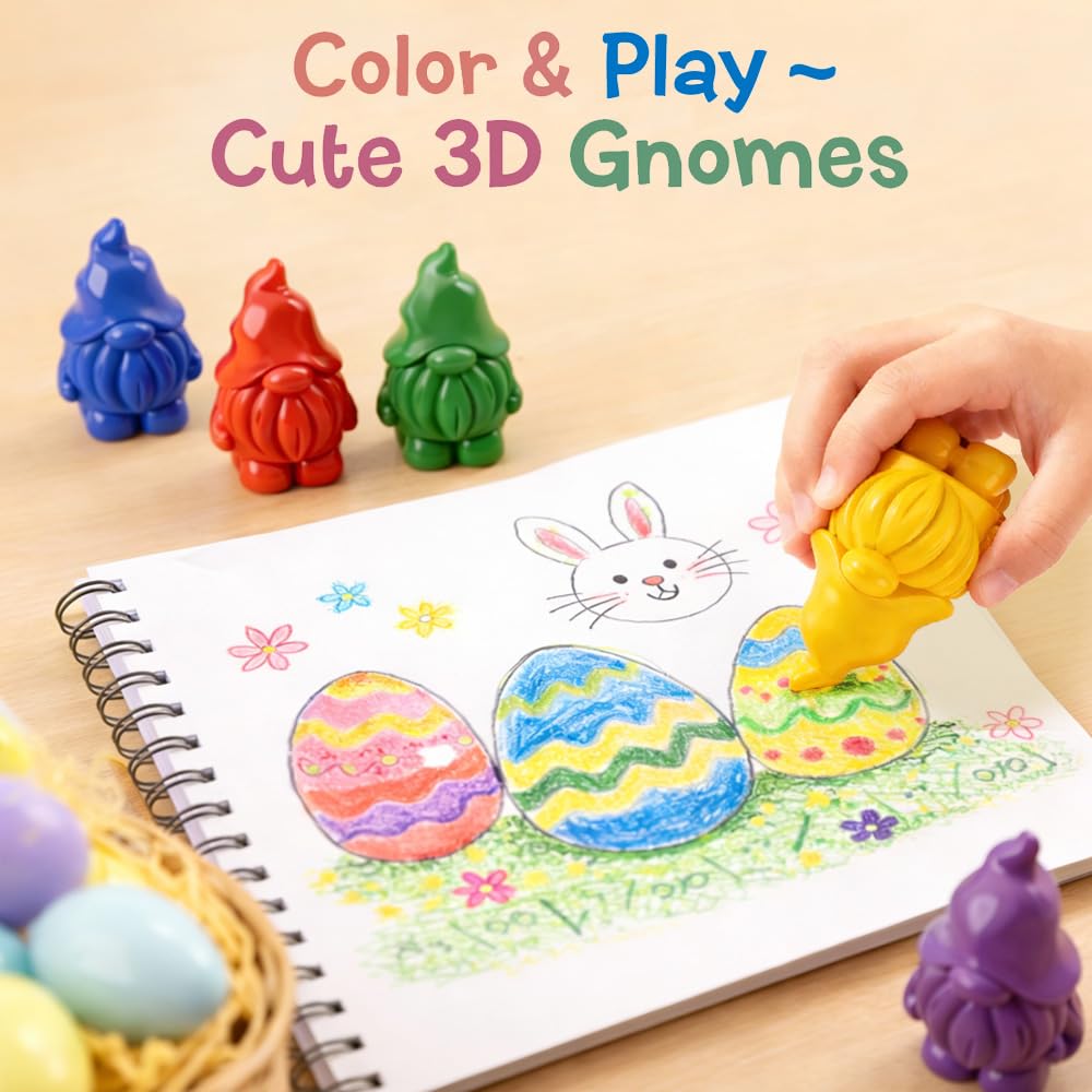 VKTEN Easter Gnome Crayons – 12-Pack Chunky 3D Toddler Coloring Set for Easter Baskets