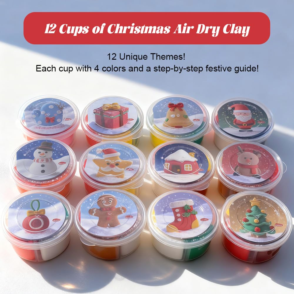 VKTEN Christmas Air-Dry Clay Kit — 12 Cups, 4 Colors Each, Holiday Tutorials