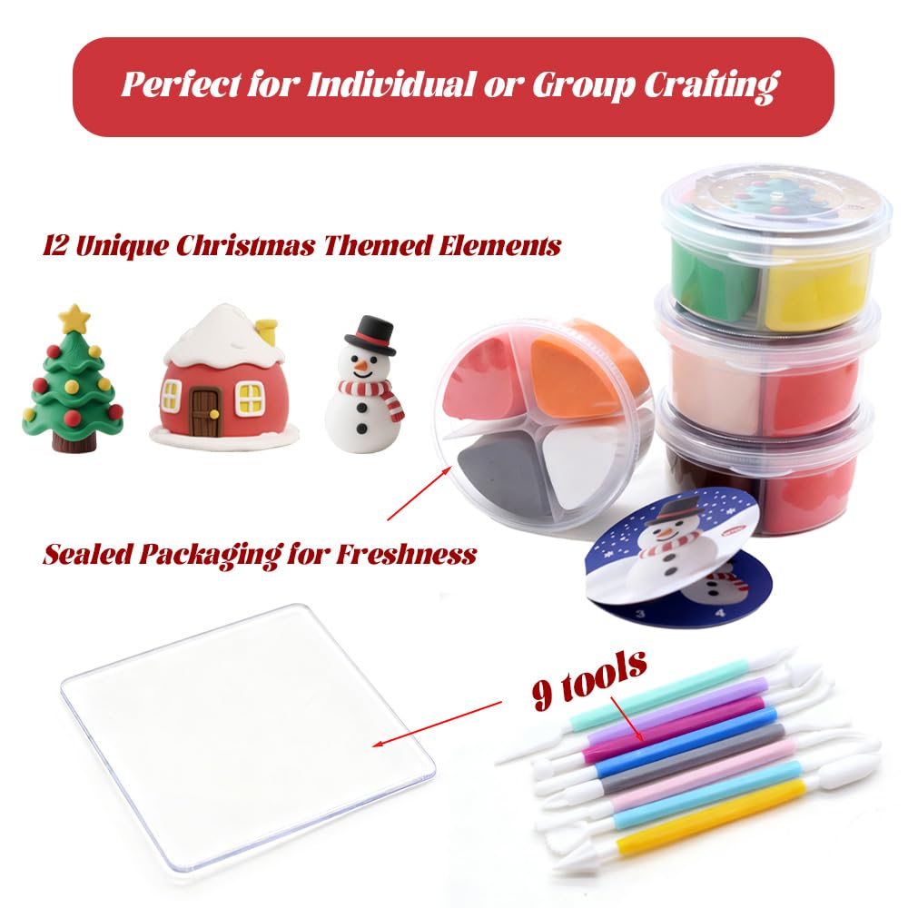 VKTEN Christmas Air-Dry Clay Kit — 12 Cups, 4 Colors Each, Holiday Tutorials